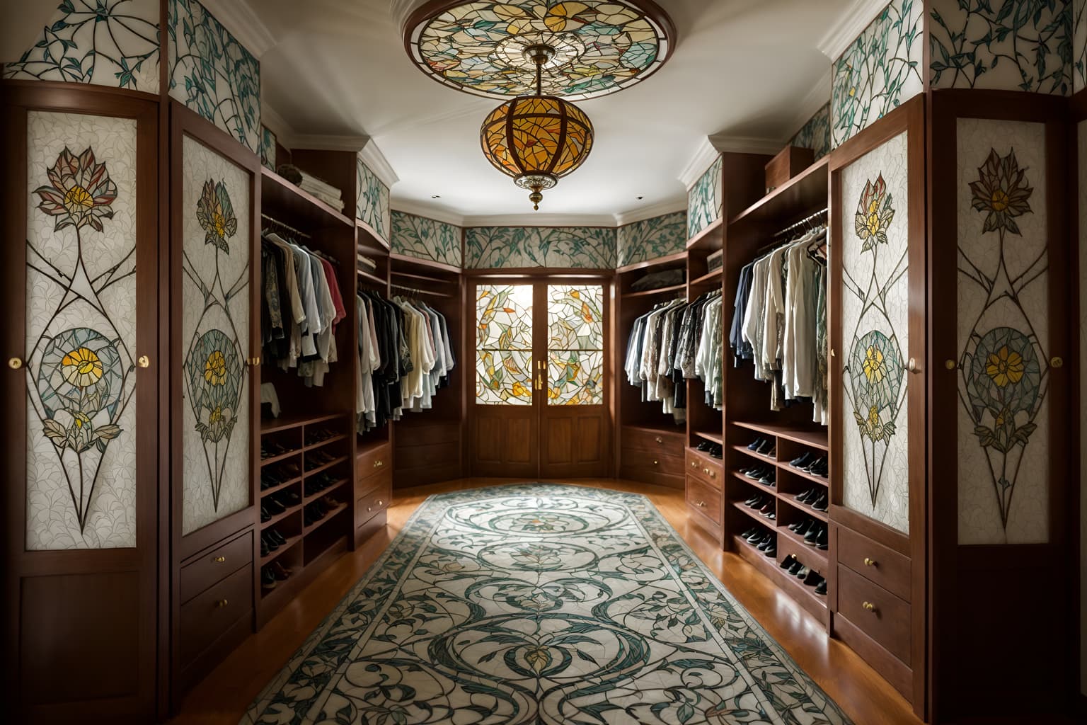 art nouveau-style (walk in closet interior) . with wallpaper patterns of feathers and stained glass and mosaics and curved glass and japanese motifs and soft, rounded lines and natural materials and wallpaper patterns of stylized flowers. . cinematic photo, highly detailed, cinematic lighting, ultra-detailed, ultrarealistic, photorealism, 8k. art nouveau interior design style. masterpiece, cinematic light, ultrarealistic+, photorealistic+, 8k, raw photo, realistic, sharp focus on eyes, (symmetrical eyes), (intact eyes), hyperrealistic, highest quality, best quality, , highly detailed, masterpiece, best quality, extremely detailed 8k wallpaper, masterpiece, best quality, ultra-detailed, best shadow, detailed background, detailed face, detailed eyes, high contrast, best illumination, detailed face, dulux, caustic, dynamic angle, detailed glow. dramatic lighting. highly detailed, insanely detailed hair, symmetrical, intricate details, professionally retouched, 8k high definition. strong bokeh. award winning photo.