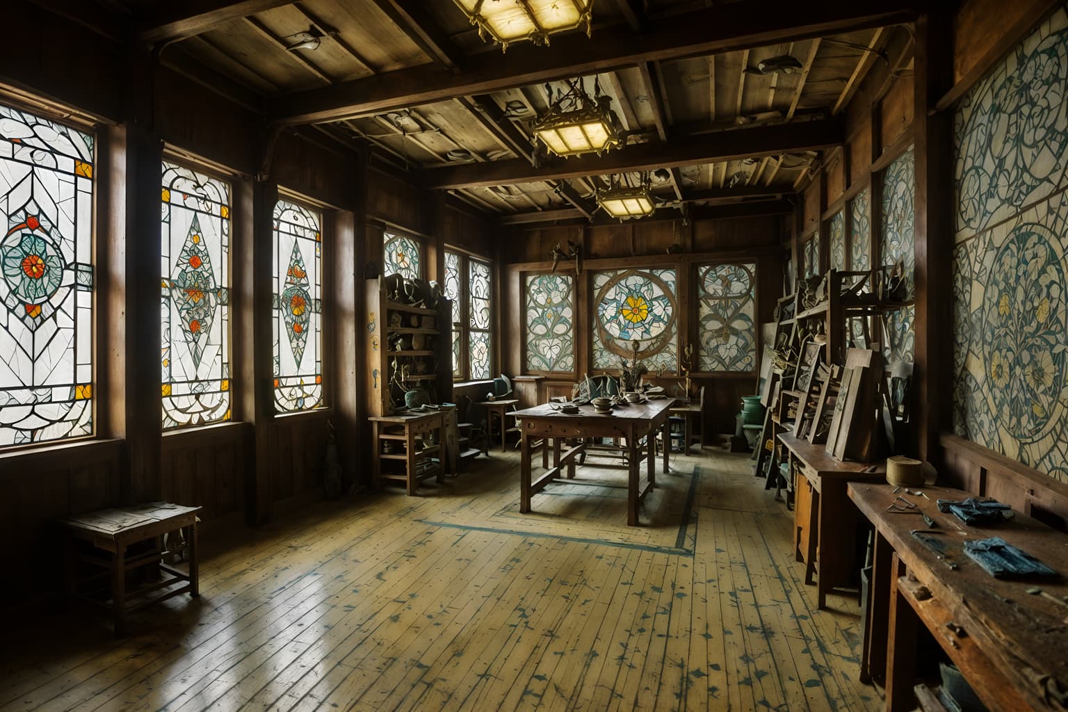 art nouveau-style (workshop interior) with messy and wooden workbench and tool wall and messy. . with asymmetrical shapes and japanese motifs and arches and curved forms and wallpaper patterns of stylized flowers and wallpaper patterns of feathers and stained glass and mosaics and soft, rounded lines. . cinematic photo, highly detailed, cinematic lighting, ultra-detailed, ultrarealistic, photorealism, 8k. art nouveau interior design style. masterpiece, cinematic light, ultrarealistic+, photorealistic+, 8k, raw photo, realistic, sharp focus on eyes, (symmetrical eyes), (intact eyes), hyperrealistic, highest quality, best quality, , highly detailed, masterpiece, best quality, extremely detailed 8k wallpaper, masterpiece, best quality, ultra-detailed, best shadow, detailed background, detailed face, detailed eyes, high contrast, best illumination, detailed face, dulux, caustic, dynamic angle, detailed glow. dramatic lighting. highly detailed, insanely detailed hair, symmetrical, intricate details, professionally retouched, 8k high definition. strong bokeh. award winning photo.