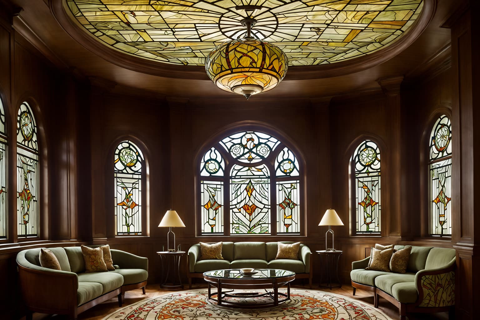 art nouveau-style (hotel lobby interior) with plant and sofas and hanging lamps and furniture and lounge chairs and coffee tables and rug and check in desk. . with soft, rounded lines and stained glass and asymmetrical shapes and wallpaper pattners of spider webs and wallpaper patterns of feathers and natural materials and mosaics and arches and curved forms. . cinematic photo, highly detailed, cinematic lighting, ultra-detailed, ultrarealistic, photorealism, 8k. art nouveau interior design style. masterpiece, cinematic light, ultrarealistic+, photorealistic+, 8k, raw photo, realistic, sharp focus on eyes, (symmetrical eyes), (intact eyes), hyperrealistic, highest quality, best quality, , highly detailed, masterpiece, best quality, extremely detailed 8k wallpaper, masterpiece, best quality, ultra-detailed, best shadow, detailed background, detailed face, detailed eyes, high contrast, best illumination, detailed face, dulux, caustic, dynamic angle, detailed glow. dramatic lighting. highly detailed, insanely detailed hair, symmetrical, intricate details, professionally retouched, 8k high definition. strong bokeh. award winning photo.