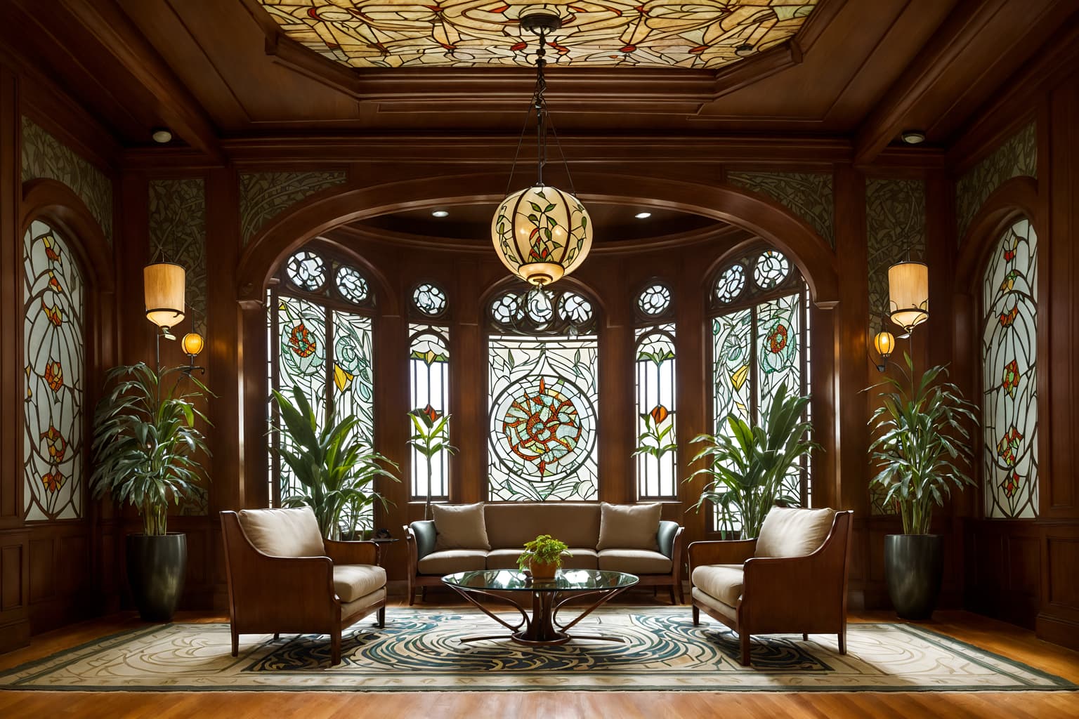 art nouveau-style (hotel lobby interior) with plant and sofas and hanging lamps and furniture and lounge chairs and coffee tables and rug and check in desk. . with soft, rounded lines and stained glass and asymmetrical shapes and wallpaper pattners of spider webs and wallpaper patterns of feathers and natural materials and mosaics and arches and curved forms. . cinematic photo, highly detailed, cinematic lighting, ultra-detailed, ultrarealistic, photorealism, 8k. art nouveau interior design style. masterpiece, cinematic light, ultrarealistic+, photorealistic+, 8k, raw photo, realistic, sharp focus on eyes, (symmetrical eyes), (intact eyes), hyperrealistic, highest quality, best quality, , highly detailed, masterpiece, best quality, extremely detailed 8k wallpaper, masterpiece, best quality, ultra-detailed, best shadow, detailed background, detailed face, detailed eyes, high contrast, best illumination, detailed face, dulux, caustic, dynamic angle, detailed glow. dramatic lighting. highly detailed, insanely detailed hair, symmetrical, intricate details, professionally retouched, 8k high definition. strong bokeh. award winning photo.