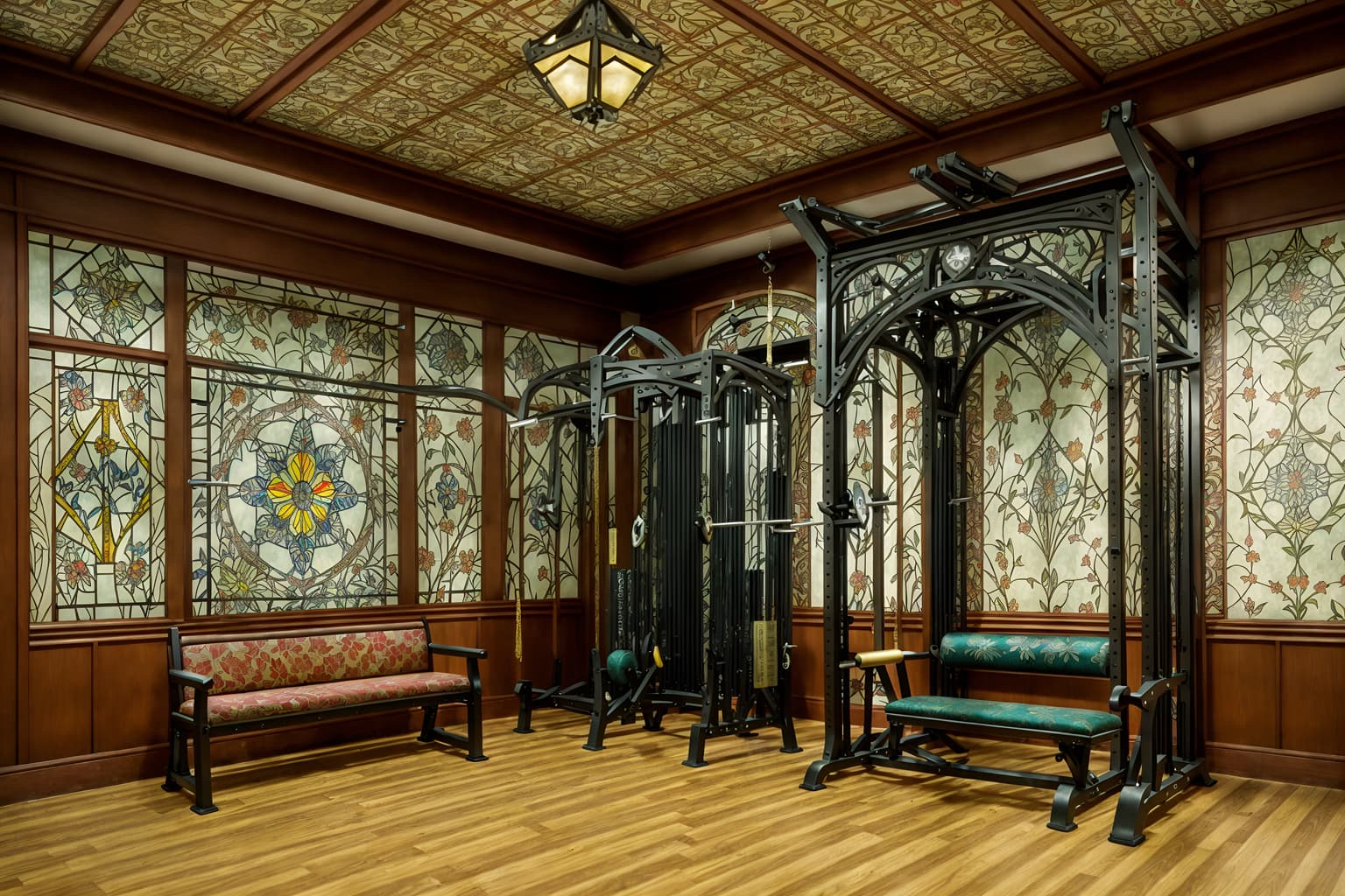 art nouveau-style (fitness gym interior) with squat rack and bench press and crosstrainer and exercise bicycle and dumbbell stand and squat rack. . with stained glass and asymmetrical shapes and wallpaper patterns of stylized flowers and ashy colors and mosaics and wallpaper pattners of spider webs and wallpaper patterns of feathers and japanese motifs. . cinematic photo, highly detailed, cinematic lighting, ultra-detailed, ultrarealistic, photorealism, 8k. art nouveau interior design style. masterpiece, cinematic light, ultrarealistic+, photorealistic+, 8k, raw photo, realistic, sharp focus on eyes, (symmetrical eyes), (intact eyes), hyperrealistic, highest quality, best quality, , highly detailed, masterpiece, best quality, extremely detailed 8k wallpaper, masterpiece, best quality, ultra-detailed, best shadow, detailed background, detailed face, detailed eyes, high contrast, best illumination, detailed face, dulux, caustic, dynamic angle, detailed glow. dramatic lighting. highly detailed, insanely detailed hair, symmetrical, intricate details, professionally retouched, 8k high definition. strong bokeh. award winning photo.