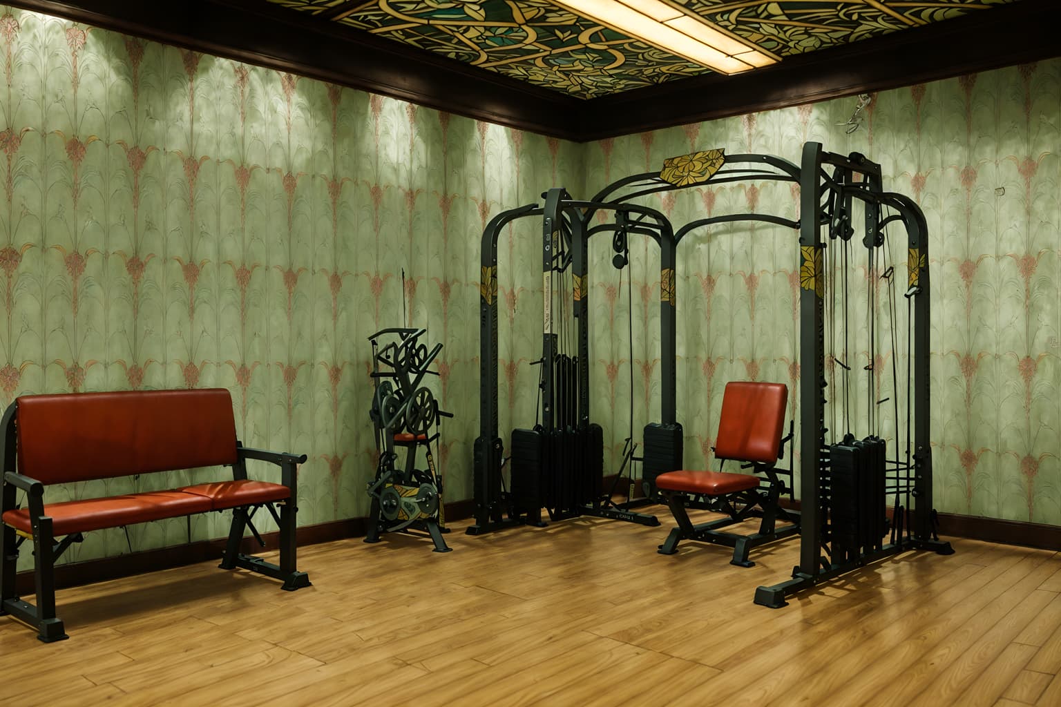 art nouveau-style (fitness gym interior) with squat rack and bench press and crosstrainer and exercise bicycle and dumbbell stand and squat rack. . with stained glass and asymmetrical shapes and wallpaper patterns of stylized flowers and ashy colors and mosaics and wallpaper pattners of spider webs and wallpaper patterns of feathers and japanese motifs. . cinematic photo, highly detailed, cinematic lighting, ultra-detailed, ultrarealistic, photorealism, 8k. art nouveau interior design style. masterpiece, cinematic light, ultrarealistic+, photorealistic+, 8k, raw photo, realistic, sharp focus on eyes, (symmetrical eyes), (intact eyes), hyperrealistic, highest quality, best quality, , highly detailed, masterpiece, best quality, extremely detailed 8k wallpaper, masterpiece, best quality, ultra-detailed, best shadow, detailed background, detailed face, detailed eyes, high contrast, best illumination, detailed face, dulux, caustic, dynamic angle, detailed glow. dramatic lighting. highly detailed, insanely detailed hair, symmetrical, intricate details, professionally retouched, 8k high definition. strong bokeh. award winning photo.