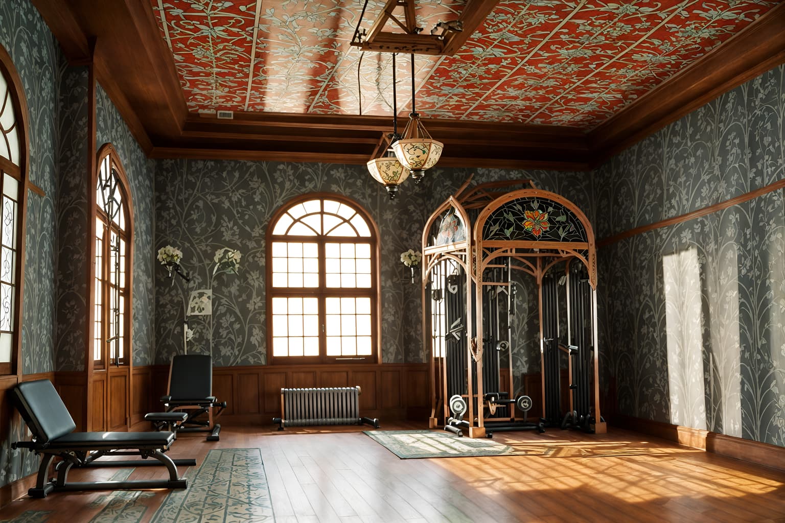 art nouveau-style (fitness gym interior) with squat rack and bench press and crosstrainer and exercise bicycle and dumbbell stand and squat rack. . with stained glass and asymmetrical shapes and wallpaper patterns of stylized flowers and ashy colors and mosaics and wallpaper pattners of spider webs and wallpaper patterns of feathers and japanese motifs. . cinematic photo, highly detailed, cinematic lighting, ultra-detailed, ultrarealistic, photorealism, 8k. art nouveau interior design style. masterpiece, cinematic light, ultrarealistic+, photorealistic+, 8k, raw photo, realistic, sharp focus on eyes, (symmetrical eyes), (intact eyes), hyperrealistic, highest quality, best quality, , highly detailed, masterpiece, best quality, extremely detailed 8k wallpaper, masterpiece, best quality, ultra-detailed, best shadow, detailed background, detailed face, detailed eyes, high contrast, best illumination, detailed face, dulux, caustic, dynamic angle, detailed glow. dramatic lighting. highly detailed, insanely detailed hair, symmetrical, intricate details, professionally retouched, 8k high definition. strong bokeh. award winning photo.