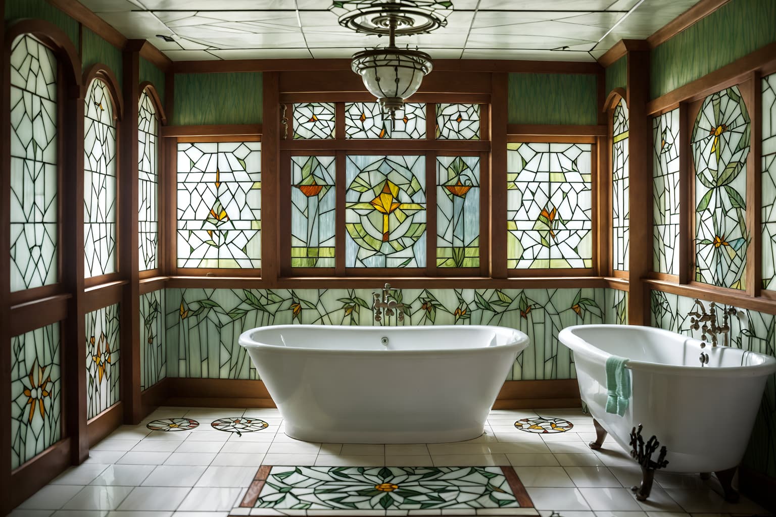 art nouveau-style (bathroom interior) with bathtub and shower and bath towel and mirror and bathroom sink with faucet and plant and bath rail and waste basket. . with natural materials and japanese motifs and stained glass and wallpaper pattners of spider webs and mosaics and stained glass and asymmetrical shapes and wallpaper patterns of feathers. . cinematic photo, highly detailed, cinematic lighting, ultra-detailed, ultrarealistic, photorealism, 8k. art nouveau interior design style. masterpiece, cinematic light, ultrarealistic+, photorealistic+, 8k, raw photo, realistic, sharp focus on eyes, (symmetrical eyes), (intact eyes), hyperrealistic, highest quality, best quality, , highly detailed, masterpiece, best quality, extremely detailed 8k wallpaper, masterpiece, best quality, ultra-detailed, best shadow, detailed background, detailed face, detailed eyes, high contrast, best illumination, detailed face, dulux, caustic, dynamic angle, detailed glow. dramatic lighting. highly detailed, insanely detailed hair, symmetrical, intricate details, professionally retouched, 8k high definition. strong bokeh. award winning photo.