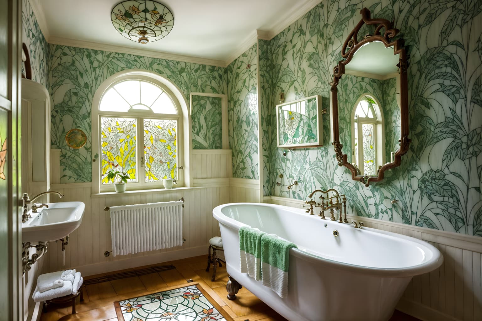 art nouveau-style (bathroom interior) with bathtub and shower and bath towel and mirror and bathroom sink with faucet and plant and bath rail and waste basket. . with natural materials and japanese motifs and stained glass and wallpaper pattners of spider webs and mosaics and stained glass and asymmetrical shapes and wallpaper patterns of feathers. . cinematic photo, highly detailed, cinematic lighting, ultra-detailed, ultrarealistic, photorealism, 8k. art nouveau interior design style. masterpiece, cinematic light, ultrarealistic+, photorealistic+, 8k, raw photo, realistic, sharp focus on eyes, (symmetrical eyes), (intact eyes), hyperrealistic, highest quality, best quality, , highly detailed, masterpiece, best quality, extremely detailed 8k wallpaper, masterpiece, best quality, ultra-detailed, best shadow, detailed background, detailed face, detailed eyes, high contrast, best illumination, detailed face, dulux, caustic, dynamic angle, detailed glow. dramatic lighting. highly detailed, insanely detailed hair, symmetrical, intricate details, professionally retouched, 8k high definition. strong bokeh. award winning photo.