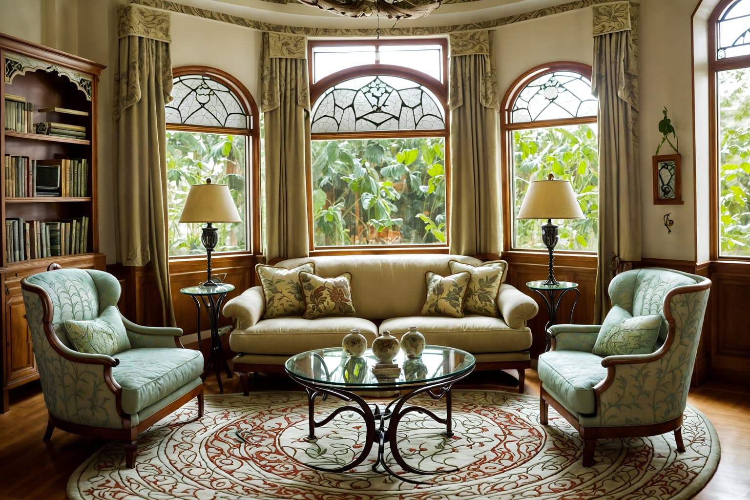 art nouveau-style (living room interior) with bookshelves and sofa and electric lamps and rug and coffee tables and chairs and furniture and televisions. . with curving, plant-like embellishments and soft, rounded lines and ashy colors and wallpaper patterns of feathers and wallpaper pattners of spider webs and stained glass and mosaics and curved glass. . cinematic photo, highly detailed, cinematic lighting, ultra-detailed, ultrarealistic, photorealism, 8k. art nouveau interior design style. masterpiece, cinematic light, ultrarealistic+, photorealistic+, 8k, raw photo, realistic, sharp focus on eyes, (symmetrical eyes), (intact eyes), hyperrealistic, highest quality, best quality, , highly detailed, masterpiece, best quality, extremely detailed 8k wallpaper, masterpiece, best quality, ultra-detailed, best shadow, detailed background, detailed face, detailed eyes, high contrast, best illumination, detailed face, dulux, caustic, dynamic angle, detailed glow. dramatic lighting. highly detailed, insanely detailed hair, symmetrical, intricate details, professionally retouched, 8k high definition. strong bokeh. award winning photo.