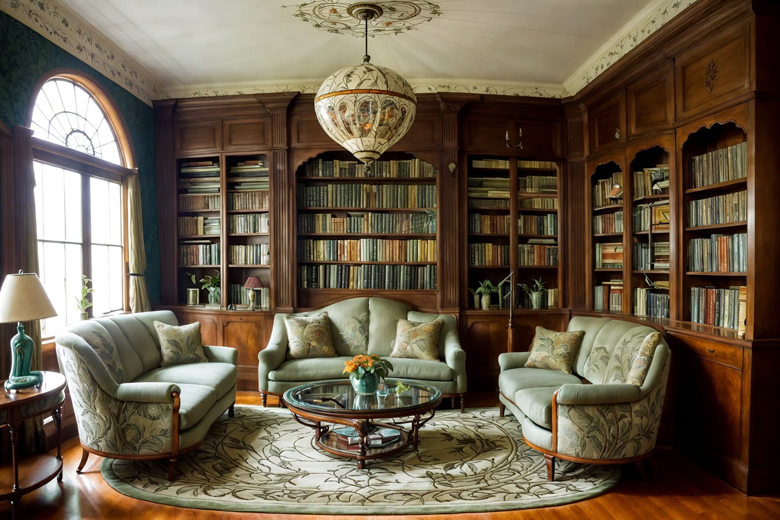 art nouveau-style (living room interior) with bookshelves and sofa and electric lamps and rug and coffee tables and chairs and furniture and televisions. . with curving, plant-like embellishments and soft, rounded lines and ashy colors and wallpaper patterns of feathers and wallpaper pattners of spider webs and stained glass and mosaics and curved glass. . cinematic photo, highly detailed, cinematic lighting, ultra-detailed, ultrarealistic, photorealism, 8k. art nouveau interior design style. masterpiece, cinematic light, ultrarealistic+, photorealistic+, 8k, raw photo, realistic, sharp focus on eyes, (symmetrical eyes), (intact eyes), hyperrealistic, highest quality, best quality, , highly detailed, masterpiece, best quality, extremely detailed 8k wallpaper, masterpiece, best quality, ultra-detailed, best shadow, detailed background, detailed face, detailed eyes, high contrast, best illumination, detailed face, dulux, caustic, dynamic angle, detailed glow. dramatic lighting. highly detailed, insanely detailed hair, symmetrical, intricate details, professionally retouched, 8k high definition. strong bokeh. award winning photo.