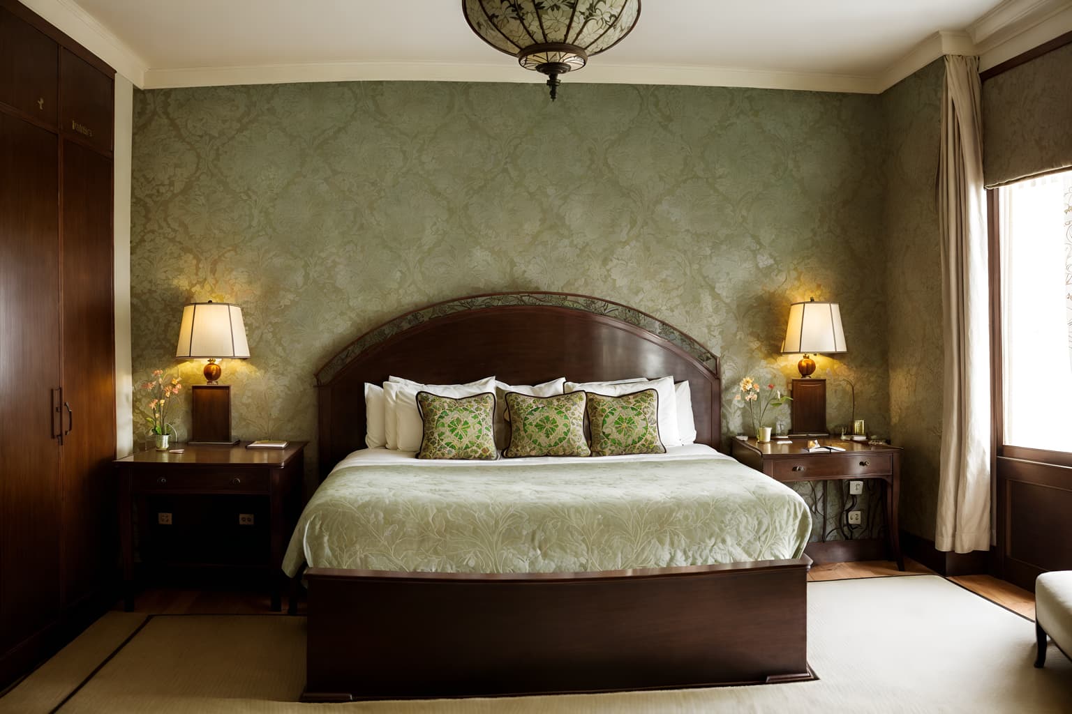 art nouveau-style (hotel room interior) with headboard and hotel bathroom and accent chair and night light and bed and plant and dresser closet and working desk with desk chair. . with wallpaper patterns of stylized flowers and mosaics and soft, rounded lines and stained glass and japanese motifs and ashy colors and arches and curved forms and natural materials. . cinematic photo, highly detailed, cinematic lighting, ultra-detailed, ultrarealistic, photorealism, 8k. art nouveau interior design style. masterpiece, cinematic light, ultrarealistic+, photorealistic+, 8k, raw photo, realistic, sharp focus on eyes, (symmetrical eyes), (intact eyes), hyperrealistic, highest quality, best quality, , highly detailed, masterpiece, best quality, extremely detailed 8k wallpaper, masterpiece, best quality, ultra-detailed, best shadow, detailed background, detailed face, detailed eyes, high contrast, best illumination, detailed face, dulux, caustic, dynamic angle, detailed glow. dramatic lighting. highly detailed, insanely detailed hair, symmetrical, intricate details, professionally retouched, 8k high definition. strong bokeh. award winning photo.