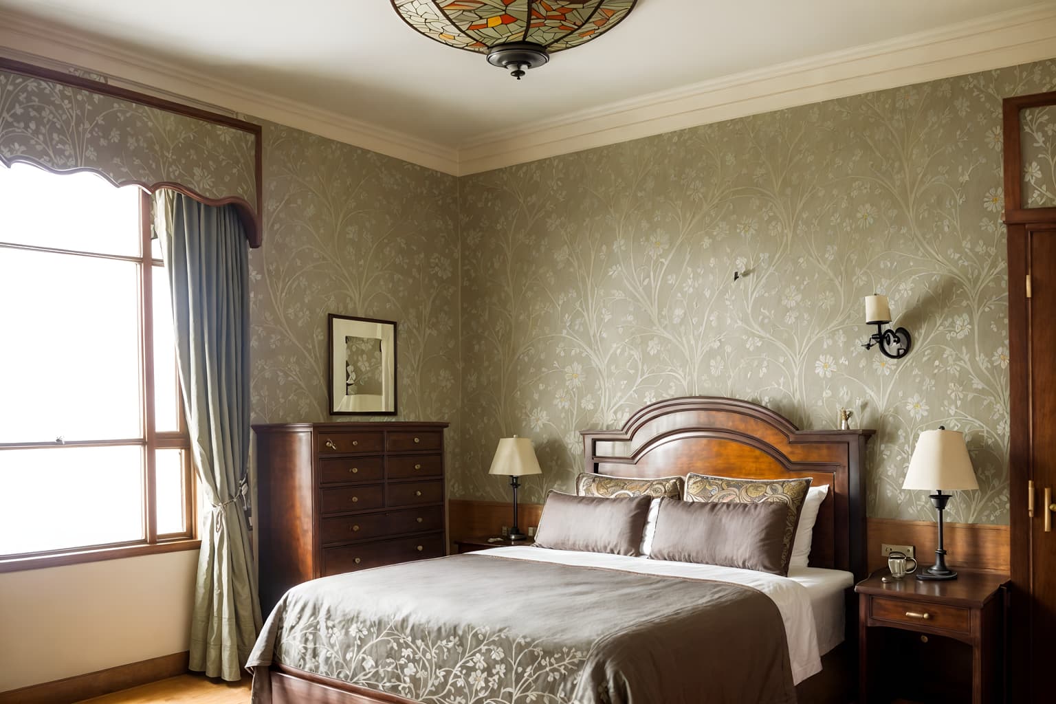 art nouveau-style (hotel room interior) with headboard and hotel bathroom and accent chair and night light and bed and plant and dresser closet and working desk with desk chair. . with wallpaper patterns of stylized flowers and mosaics and soft, rounded lines and stained glass and japanese motifs and ashy colors and arches and curved forms and natural materials. . cinematic photo, highly detailed, cinematic lighting, ultra-detailed, ultrarealistic, photorealism, 8k. art nouveau interior design style. masterpiece, cinematic light, ultrarealistic+, photorealistic+, 8k, raw photo, realistic, sharp focus on eyes, (symmetrical eyes), (intact eyes), hyperrealistic, highest quality, best quality, , highly detailed, masterpiece, best quality, extremely detailed 8k wallpaper, masterpiece, best quality, ultra-detailed, best shadow, detailed background, detailed face, detailed eyes, high contrast, best illumination, detailed face, dulux, caustic, dynamic angle, detailed glow. dramatic lighting. highly detailed, insanely detailed hair, symmetrical, intricate details, professionally retouched, 8k high definition. strong bokeh. award winning photo.