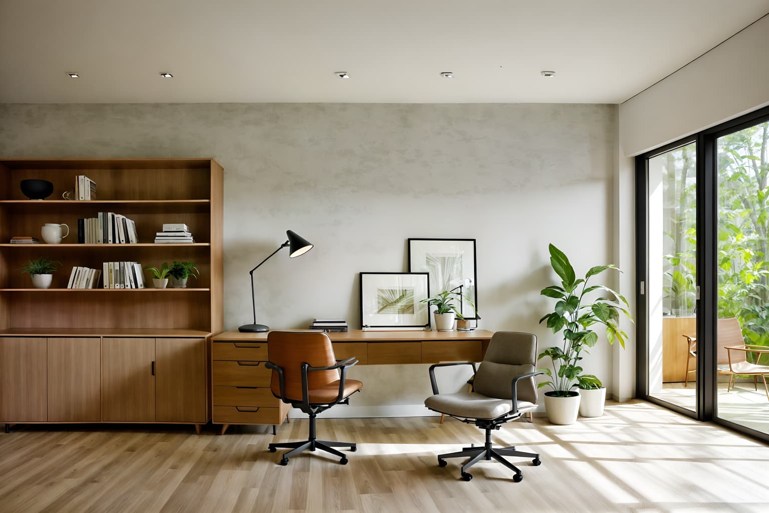 modern-style (study room interior) with cabinets and lounge chair and writing desk and desk lamp and plant and bookshelves and office chair and cabinets. . with practicality and functionality and neutral walls and textures and natural materials and elements and simple, clean lines and simplistic furniture and open and natural lighting and practicality and functionality. . cinematic photo, highly detailed, cinematic lighting, ultra-detailed, ultrarealistic, photorealism, 8k. modern interior design style. masterpiece, cinematic light, ultrarealistic+, photorealistic+, 8k, raw photo, realistic, sharp focus on eyes, (symmetrical eyes), (intact eyes), hyperrealistic, highest quality, best quality, , highly detailed, masterpiece, best quality, extremely detailed 8k wallpaper, masterpiece, best quality, ultra-detailed, best shadow, detailed background, detailed face, detailed eyes, high contrast, best illumination, detailed face, dulux, caustic, dynamic angle, detailed glow. dramatic lighting. highly detailed, insanely detailed hair, symmetrical, intricate details, professionally retouched, 8k high definition. strong bokeh. award winning photo.