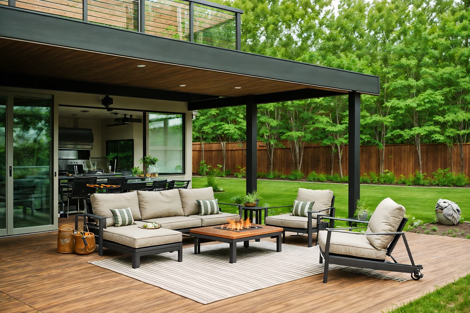 modern-style designed (outdoor patio ) with deck with deck chairs and barbeque or grill and patio couch with pillows and grass and plant and deck with deck chairs. . with practicality and functionality and neutral walls and textures and open and natural lighting and natural materials and elements and simple, clean lines and simplistic furniture and practicality and functionality. . cinematic photo, highly detailed, cinematic lighting, ultra-detailed, ultrarealistic, photorealism, 8k. modern design style. masterpiece, cinematic light, ultrarealistic+, photorealistic+, 8k, raw photo, realistic, sharp focus on eyes, (symmetrical eyes), (intact eyes), hyperrealistic, highest quality, best quality, , highly detailed, masterpiece, best quality, extremely detailed 8k wallpaper, masterpiece, best quality, ultra-detailed, best shadow, detailed background, detailed face, detailed eyes, high contrast, best illumination, detailed face, dulux, caustic, dynamic angle, detailed glow. dramatic lighting. highly detailed, insanely detailed hair, symmetrical, intricate details, professionally retouched, 8k high definition. strong bokeh. award winning photo.
