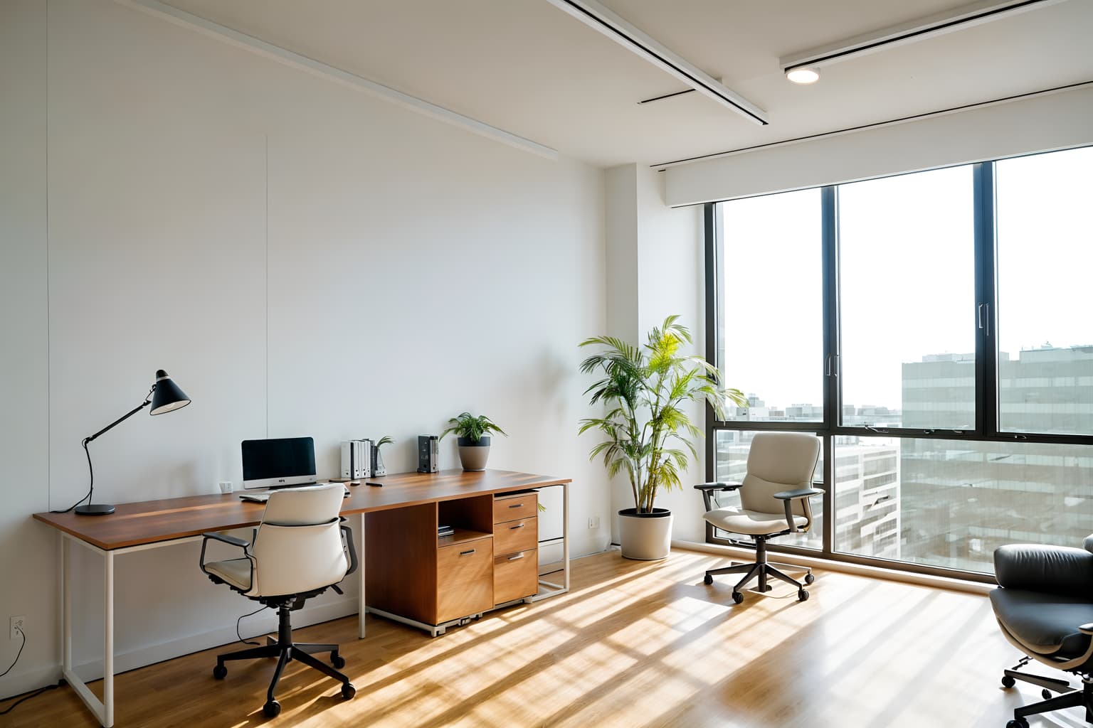 modern-style (office interior) with desk lamps and office desks and plants and windows and office chairs and computer desks and cabinets and lounge chairs. . with neutral walls and textures and open and natural lighting and natural materials and elements and simple, clean lines and simplistic furniture and practicality and functionality and neutral walls and textures. . cinematic photo, highly detailed, cinematic lighting, ultra-detailed, ultrarealistic, photorealism, 8k. modern interior design style. masterpiece, cinematic light, ultrarealistic+, photorealistic+, 8k, raw photo, realistic, sharp focus on eyes, (symmetrical eyes), (intact eyes), hyperrealistic, highest quality, best quality, , highly detailed, masterpiece, best quality, extremely detailed 8k wallpaper, masterpiece, best quality, ultra-detailed, best shadow, detailed background, detailed face, detailed eyes, high contrast, best illumination, detailed face, dulux, caustic, dynamic angle, detailed glow. dramatic lighting. highly detailed, insanely detailed hair, symmetrical, intricate details, professionally retouched, 8k high definition. strong bokeh. award winning photo.