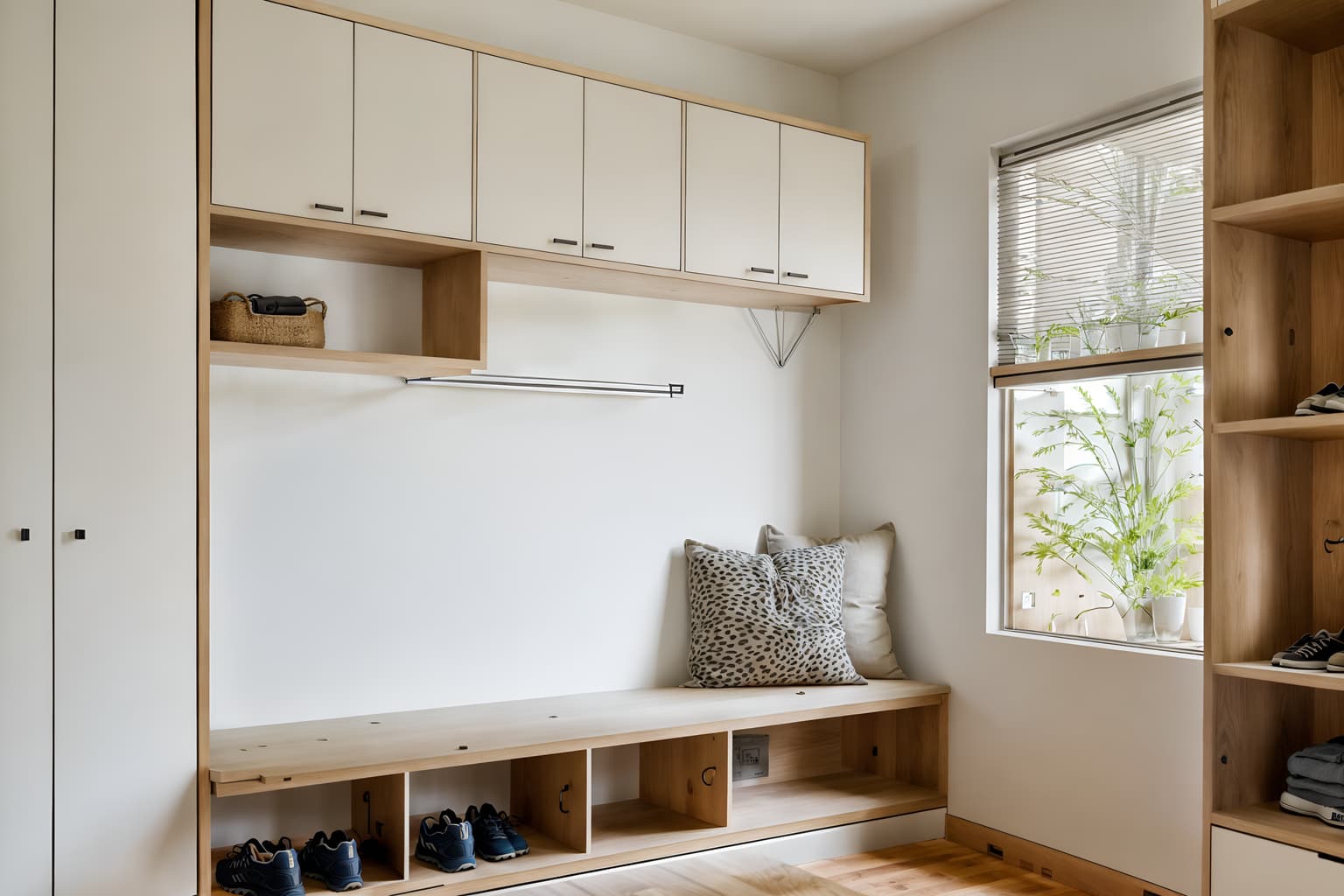 modern-style (drop zone interior) with shelves for shoes and cabinets and cubbies and storage baskets and a bench and lockers and wall hooks for coats and high up storage. . with neutral walls and textures and practicality and functionality and natural materials and elements and open and natural lighting and simple, clean lines and simplistic furniture and neutral walls and textures. . cinematic photo, highly detailed, cinematic lighting, ultra-detailed, ultrarealistic, photorealism, 8k. modern interior design style. masterpiece, cinematic light, ultrarealistic+, photorealistic+, 8k, raw photo, realistic, sharp focus on eyes, (symmetrical eyes), (intact eyes), hyperrealistic, highest quality, best quality, , highly detailed, masterpiece, best quality, extremely detailed 8k wallpaper, masterpiece, best quality, ultra-detailed, best shadow, detailed background, detailed face, detailed eyes, high contrast, best illumination, detailed face, dulux, caustic, dynamic angle, detailed glow. dramatic lighting. highly detailed, insanely detailed hair, symmetrical, intricate details, professionally retouched, 8k high definition. strong bokeh. award winning photo.