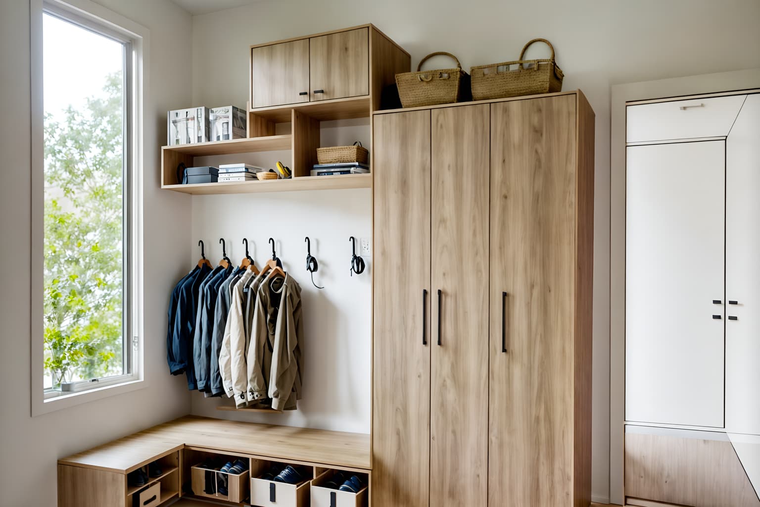 modern-style (drop zone interior) with shelves for shoes and cabinets and cubbies and storage baskets and a bench and lockers and wall hooks for coats and high up storage. . with neutral walls and textures and practicality and functionality and natural materials and elements and open and natural lighting and simple, clean lines and simplistic furniture and neutral walls and textures. . cinematic photo, highly detailed, cinematic lighting, ultra-detailed, ultrarealistic, photorealism, 8k. modern interior design style. masterpiece, cinematic light, ultrarealistic+, photorealistic+, 8k, raw photo, realistic, sharp focus on eyes, (symmetrical eyes), (intact eyes), hyperrealistic, highest quality, best quality, , highly detailed, masterpiece, best quality, extremely detailed 8k wallpaper, masterpiece, best quality, ultra-detailed, best shadow, detailed background, detailed face, detailed eyes, high contrast, best illumination, detailed face, dulux, caustic, dynamic angle, detailed glow. dramatic lighting. highly detailed, insanely detailed hair, symmetrical, intricate details, professionally retouched, 8k high definition. strong bokeh. award winning photo.