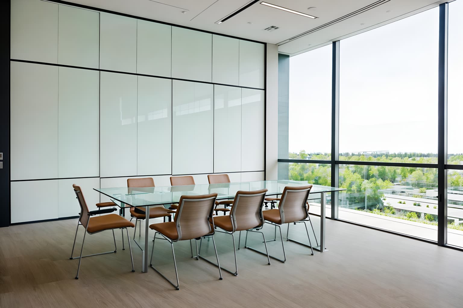 modern-style (meeting room interior) with office chairs and glass doors and boardroom table and cabinets and vase and glass walls and painting or photo on wall and plant. . with simple, clean lines and simplistic furniture and neutral walls and textures and practicality and functionality and natural materials and elements and open and natural lighting and simple, clean lines and simplistic furniture. . cinematic photo, highly detailed, cinematic lighting, ultra-detailed, ultrarealistic, photorealism, 8k. modern interior design style. masterpiece, cinematic light, ultrarealistic+, photorealistic+, 8k, raw photo, realistic, sharp focus on eyes, (symmetrical eyes), (intact eyes), hyperrealistic, highest quality, best quality, , highly detailed, masterpiece, best quality, extremely detailed 8k wallpaper, masterpiece, best quality, ultra-detailed, best shadow, detailed background, detailed face, detailed eyes, high contrast, best illumination, detailed face, dulux, caustic, dynamic angle, detailed glow. dramatic lighting. highly detailed, insanely detailed hair, symmetrical, intricate details, professionally retouched, 8k high definition. strong bokeh. award winning photo.