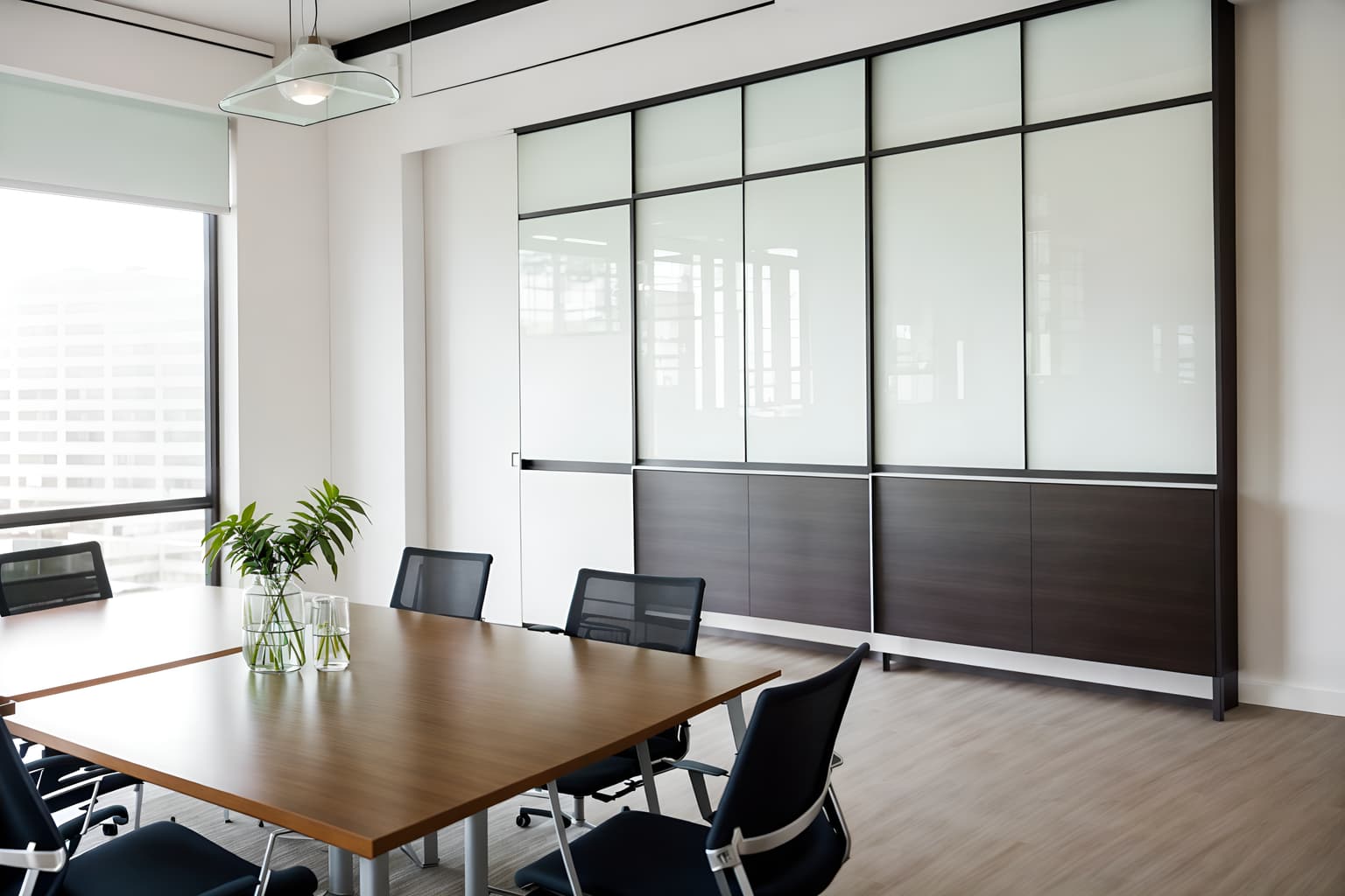 modern-style (meeting room interior) with office chairs and glass doors and boardroom table and cabinets and vase and glass walls and painting or photo on wall and plant. . with simple, clean lines and simplistic furniture and neutral walls and textures and practicality and functionality and natural materials and elements and open and natural lighting and simple, clean lines and simplistic furniture. . cinematic photo, highly detailed, cinematic lighting, ultra-detailed, ultrarealistic, photorealism, 8k. modern interior design style. masterpiece, cinematic light, ultrarealistic+, photorealistic+, 8k, raw photo, realistic, sharp focus on eyes, (symmetrical eyes), (intact eyes), hyperrealistic, highest quality, best quality, , highly detailed, masterpiece, best quality, extremely detailed 8k wallpaper, masterpiece, best quality, ultra-detailed, best shadow, detailed background, detailed face, detailed eyes, high contrast, best illumination, detailed face, dulux, caustic, dynamic angle, detailed glow. dramatic lighting. highly detailed, insanely detailed hair, symmetrical, intricate details, professionally retouched, 8k high definition. strong bokeh. award winning photo.