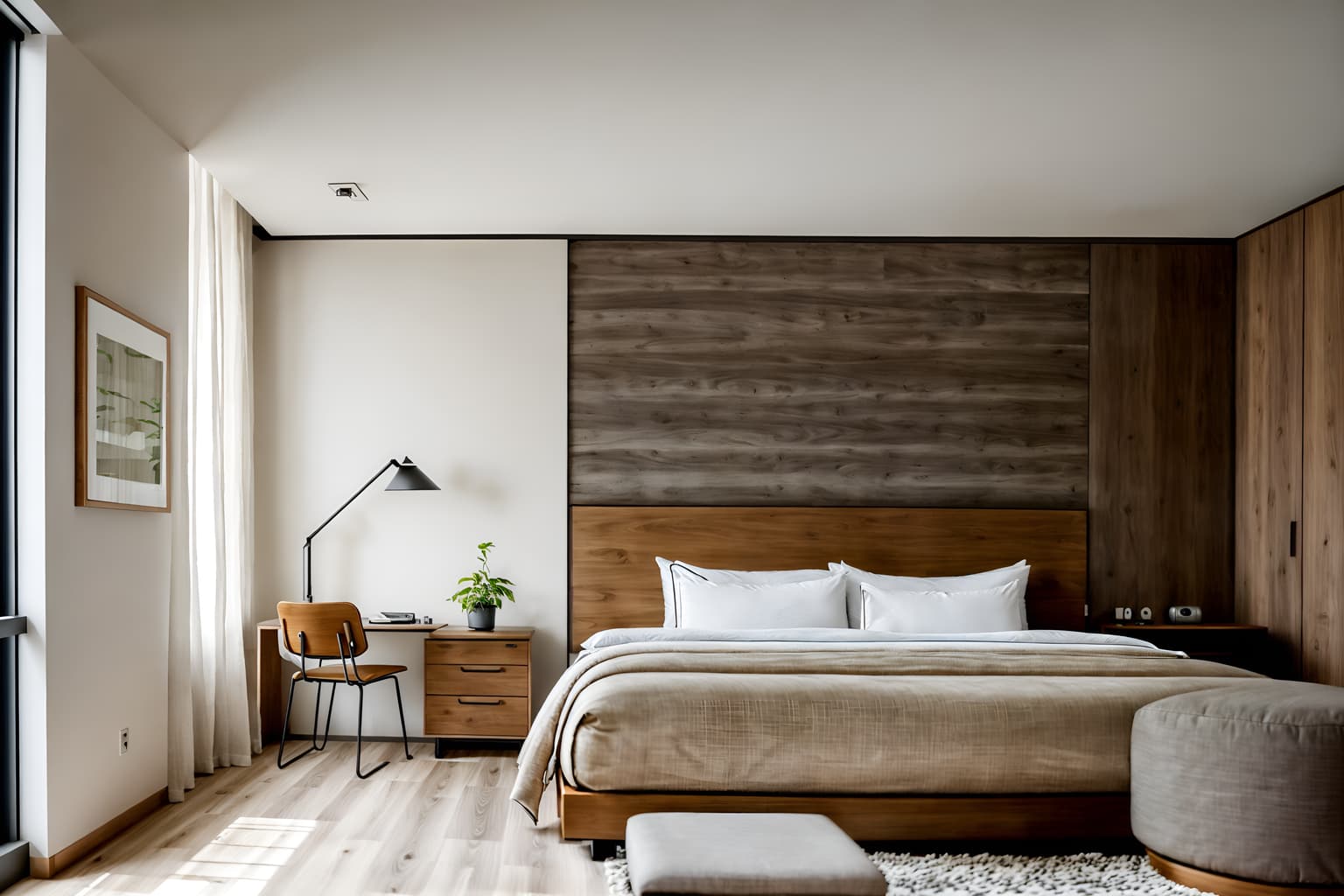 modern-style (hotel room interior) with storage bench or ottoman and plant and working desk with desk chair and accent chair and hotel bathroom and bedside table or night stand and bed and night light. . with open and natural lighting and practicality and functionality and neutral walls and textures and natural materials and elements and simple, clean lines and simplistic furniture and open and natural lighting. . cinematic photo, highly detailed, cinematic lighting, ultra-detailed, ultrarealistic, photorealism, 8k. modern interior design style. masterpiece, cinematic light, ultrarealistic+, photorealistic+, 8k, raw photo, realistic, sharp focus on eyes, (symmetrical eyes), (intact eyes), hyperrealistic, highest quality, best quality, , highly detailed, masterpiece, best quality, extremely detailed 8k wallpaper, masterpiece, best quality, ultra-detailed, best shadow, detailed background, detailed face, detailed eyes, high contrast, best illumination, detailed face, dulux, caustic, dynamic angle, detailed glow. dramatic lighting. highly detailed, insanely detailed hair, symmetrical, intricate details, professionally retouched, 8k high definition. strong bokeh. award winning photo.