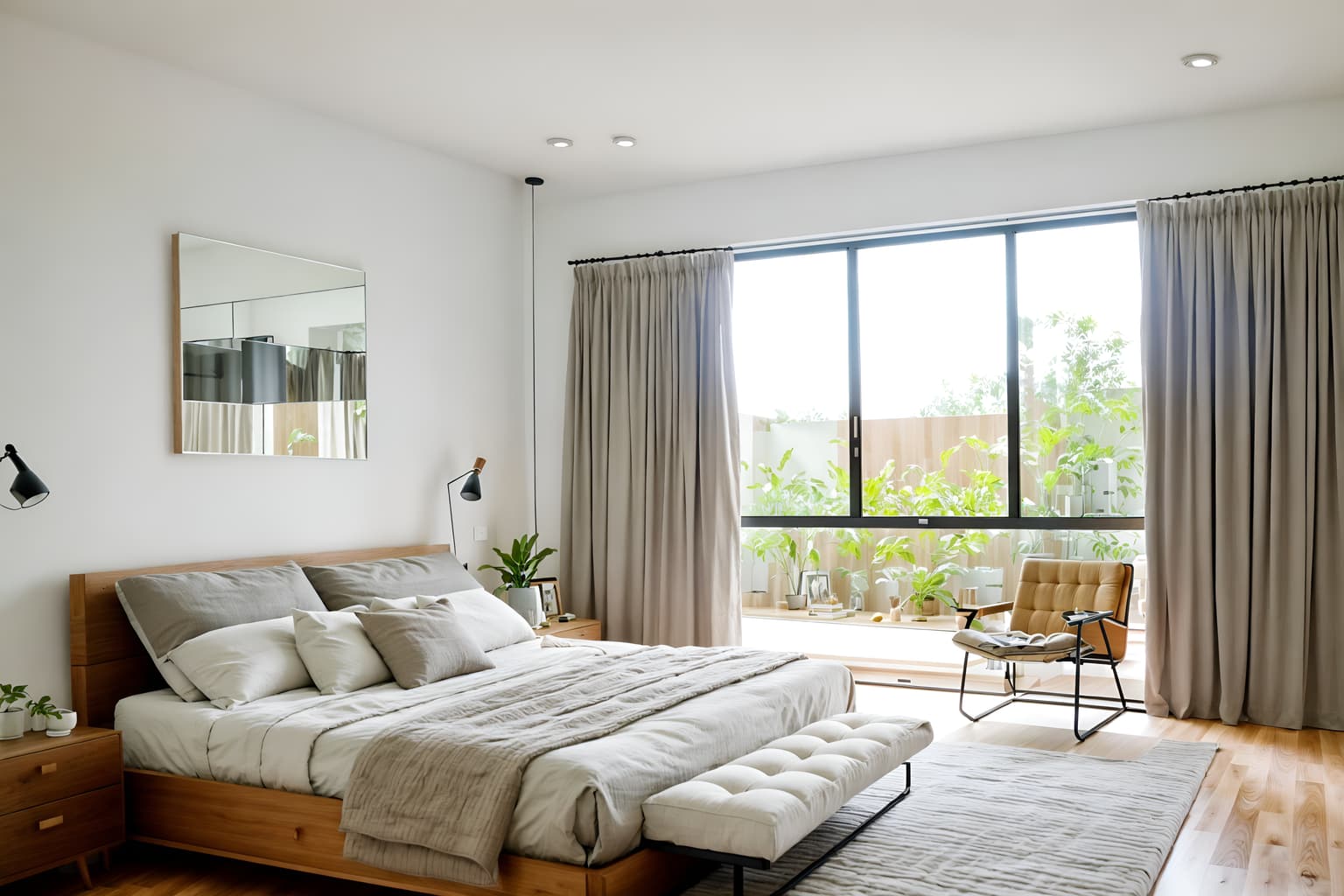 modern-style (bedroom interior) with mirror and bedside table or night stand and bed and plant and night light and headboard and accent chair and storage bench or ottoman. . with practicality and functionality and neutral walls and textures and open and natural lighting and simple, clean lines and simplistic furniture and natural materials and elements and practicality and functionality. . cinematic photo, highly detailed, cinematic lighting, ultra-detailed, ultrarealistic, photorealism, 8k. modern interior design style. masterpiece, cinematic light, ultrarealistic+, photorealistic+, 8k, raw photo, realistic, sharp focus on eyes, (symmetrical eyes), (intact eyes), hyperrealistic, highest quality, best quality, , highly detailed, masterpiece, best quality, extremely detailed 8k wallpaper, masterpiece, best quality, ultra-detailed, best shadow, detailed background, detailed face, detailed eyes, high contrast, best illumination, detailed face, dulux, caustic, dynamic angle, detailed glow. dramatic lighting. highly detailed, insanely detailed hair, symmetrical, intricate details, professionally retouched, 8k high definition. strong bokeh. award winning photo.