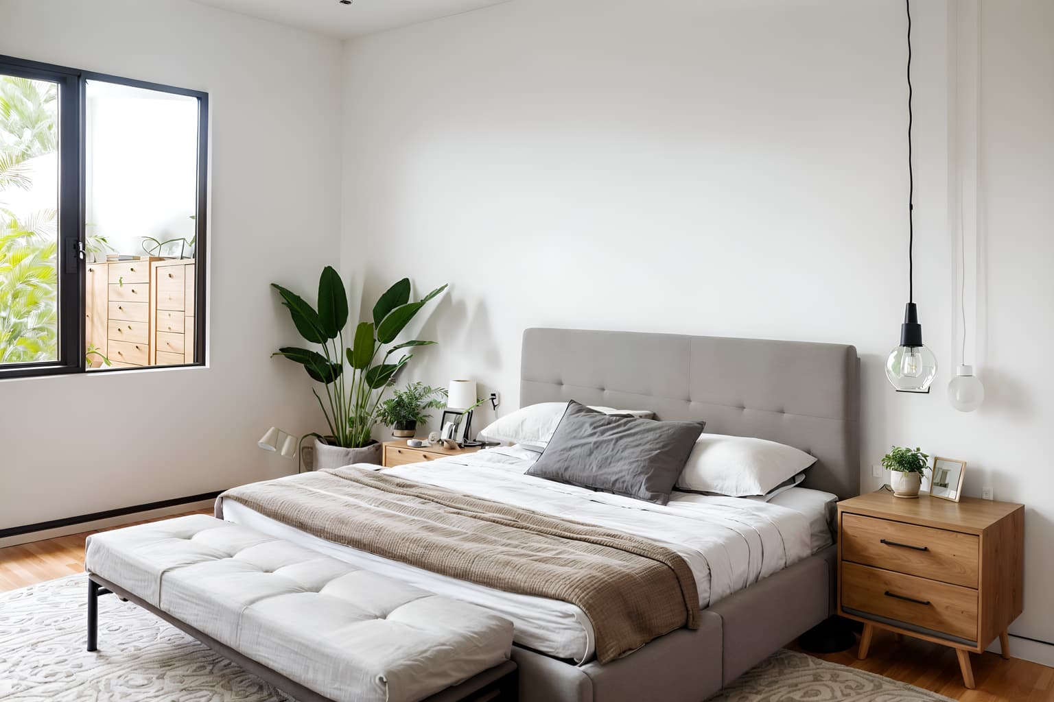 modern-style (bedroom interior) with mirror and bedside table or night stand and bed and plant and night light and headboard and accent chair and storage bench or ottoman. . with practicality and functionality and neutral walls and textures and open and natural lighting and simple, clean lines and simplistic furniture and natural materials and elements and practicality and functionality. . cinematic photo, highly detailed, cinematic lighting, ultra-detailed, ultrarealistic, photorealism, 8k. modern interior design style. masterpiece, cinematic light, ultrarealistic+, photorealistic+, 8k, raw photo, realistic, sharp focus on eyes, (symmetrical eyes), (intact eyes), hyperrealistic, highest quality, best quality, , highly detailed, masterpiece, best quality, extremely detailed 8k wallpaper, masterpiece, best quality, ultra-detailed, best shadow, detailed background, detailed face, detailed eyes, high contrast, best illumination, detailed face, dulux, caustic, dynamic angle, detailed glow. dramatic lighting. highly detailed, insanely detailed hair, symmetrical, intricate details, professionally retouched, 8k high definition. strong bokeh. award winning photo.