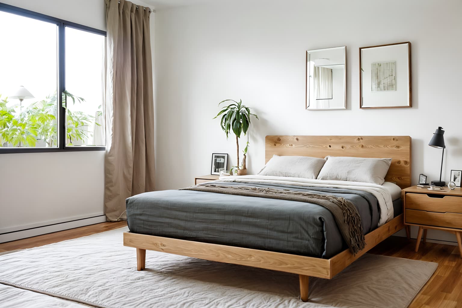 modern-style (bedroom interior) with mirror and bedside table or night stand and bed and plant and night light and headboard and accent chair and storage bench or ottoman. . with practicality and functionality and neutral walls and textures and open and natural lighting and simple, clean lines and simplistic furniture and natural materials and elements and practicality and functionality. . cinematic photo, highly detailed, cinematic lighting, ultra-detailed, ultrarealistic, photorealism, 8k. modern interior design style. masterpiece, cinematic light, ultrarealistic+, photorealistic+, 8k, raw photo, realistic, sharp focus on eyes, (symmetrical eyes), (intact eyes), hyperrealistic, highest quality, best quality, , highly detailed, masterpiece, best quality, extremely detailed 8k wallpaper, masterpiece, best quality, ultra-detailed, best shadow, detailed background, detailed face, detailed eyes, high contrast, best illumination, detailed face, dulux, caustic, dynamic angle, detailed glow. dramatic lighting. highly detailed, insanely detailed hair, symmetrical, intricate details, professionally retouched, 8k high definition. strong bokeh. award winning photo.