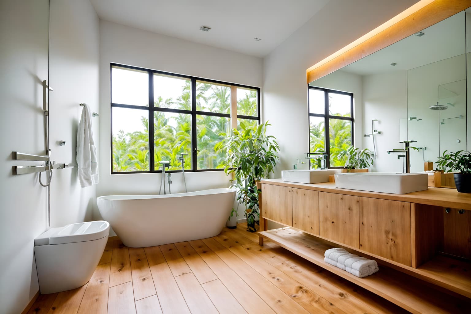 modern-style (hotel bathroom interior) with toilet seat and mirror and bath rail and plant and shower and bathtub and bath towel and bathroom sink with faucet. . with natural materials and elements and practicality and functionality and open and natural lighting and neutral walls and textures and simple, clean lines and simplistic furniture and natural materials and elements. . cinematic photo, highly detailed, cinematic lighting, ultra-detailed, ultrarealistic, photorealism, 8k. modern interior design style. masterpiece, cinematic light, ultrarealistic+, photorealistic+, 8k, raw photo, realistic, sharp focus on eyes, (symmetrical eyes), (intact eyes), hyperrealistic, highest quality, best quality, , highly detailed, masterpiece, best quality, extremely detailed 8k wallpaper, masterpiece, best quality, ultra-detailed, best shadow, detailed background, detailed face, detailed eyes, high contrast, best illumination, detailed face, dulux, caustic, dynamic angle, detailed glow. dramatic lighting. highly detailed, insanely detailed hair, symmetrical, intricate details, professionally retouched, 8k high definition. strong bokeh. award winning photo.