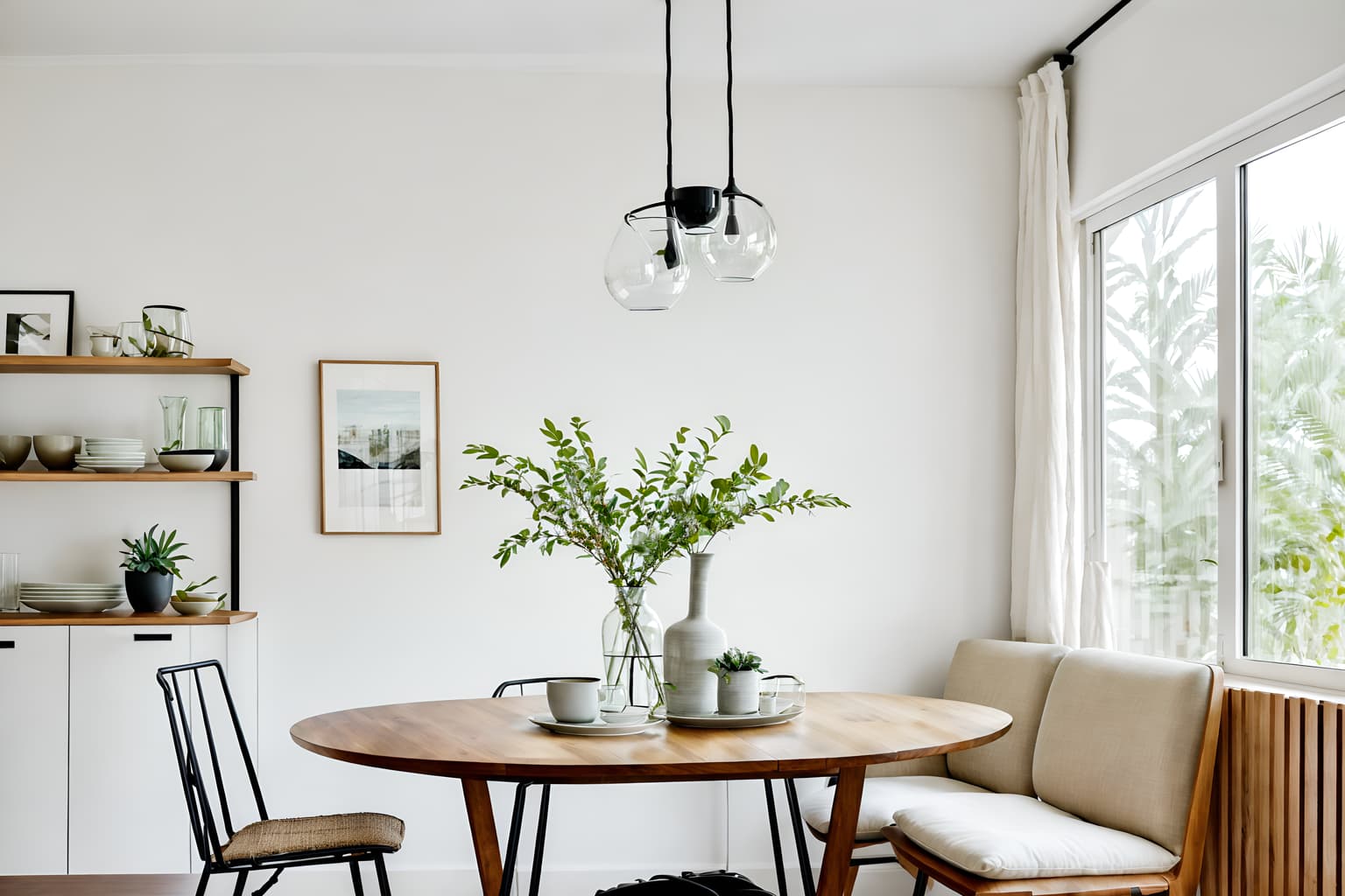 modern-style (dining room interior) with plant and dining table and bookshelves and vase and dining table chairs and table cloth and plates, cutlery and glasses on dining table and painting or photo on wall. . with open and natural lighting and neutral walls and textures and practicality and functionality and simple, clean lines and simplistic furniture and natural materials and elements and open and natural lighting. . cinematic photo, highly detailed, cinematic lighting, ultra-detailed, ultrarealistic, photorealism, 8k. modern interior design style. masterpiece, cinematic light, ultrarealistic+, photorealistic+, 8k, raw photo, realistic, sharp focus on eyes, (symmetrical eyes), (intact eyes), hyperrealistic, highest quality, best quality, , highly detailed, masterpiece, best quality, extremely detailed 8k wallpaper, masterpiece, best quality, ultra-detailed, best shadow, detailed background, detailed face, detailed eyes, high contrast, best illumination, detailed face, dulux, caustic, dynamic angle, detailed glow. dramatic lighting. highly detailed, insanely detailed hair, symmetrical, intricate details, professionally retouched, 8k high definition. strong bokeh. award winning photo.