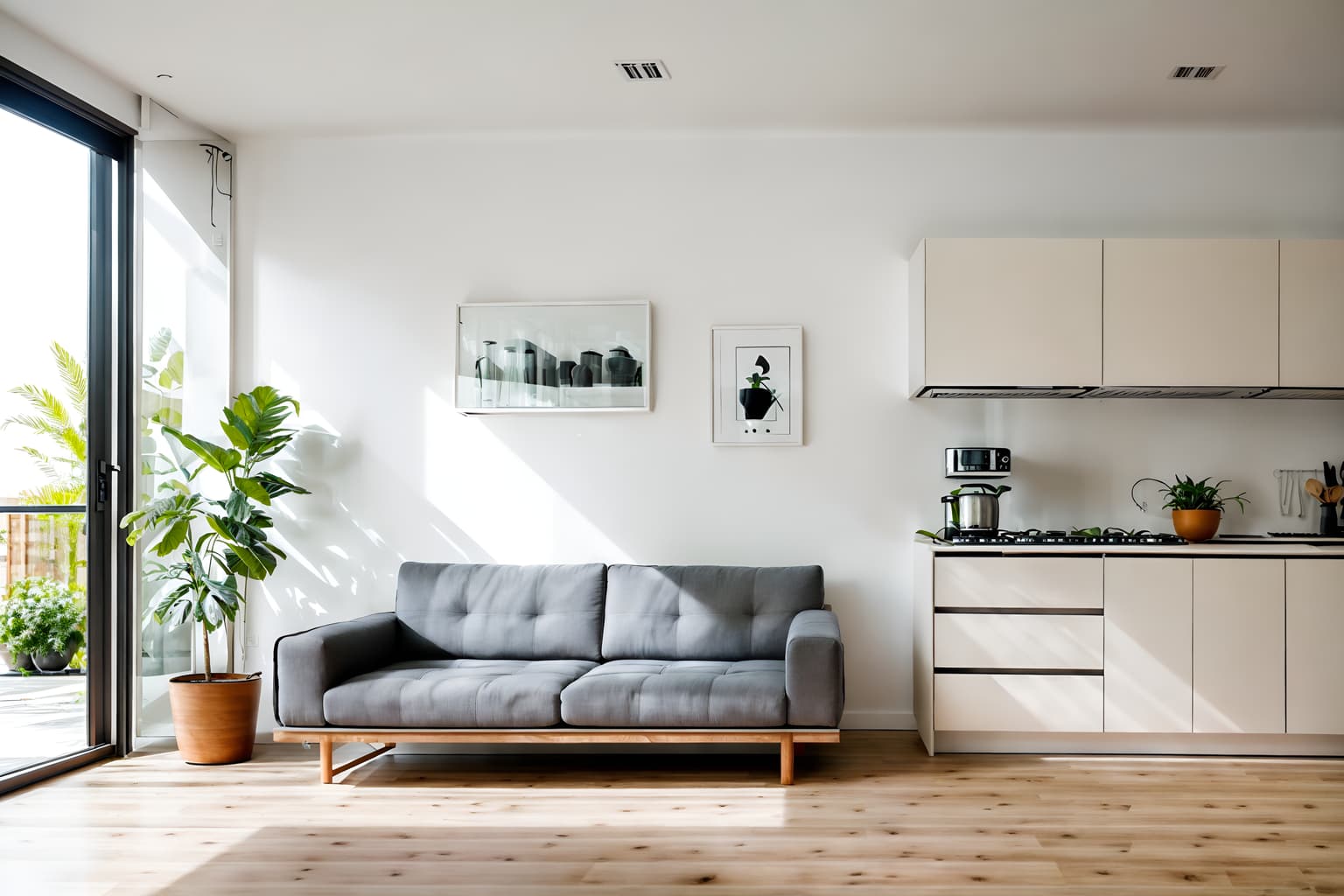 modern-style (kitchen living combo interior) with sofa and refrigerator and televisions and plant and plant and furniture and coffee tables and stove. . with simple, clean lines and simplistic furniture and natural materials and elements and open and natural lighting and practicality and functionality and neutral walls and textures and simple, clean lines and simplistic furniture. . cinematic photo, highly detailed, cinematic lighting, ultra-detailed, ultrarealistic, photorealism, 8k. modern interior design style. masterpiece, cinematic light, ultrarealistic+, photorealistic+, 8k, raw photo, realistic, sharp focus on eyes, (symmetrical eyes), (intact eyes), hyperrealistic, highest quality, best quality, , highly detailed, masterpiece, best quality, extremely detailed 8k wallpaper, masterpiece, best quality, ultra-detailed, best shadow, detailed background, detailed face, detailed eyes, high contrast, best illumination, detailed face, dulux, caustic, dynamic angle, detailed glow. dramatic lighting. highly detailed, insanely detailed hair, symmetrical, intricate details, professionally retouched, 8k high definition. strong bokeh. award winning photo.