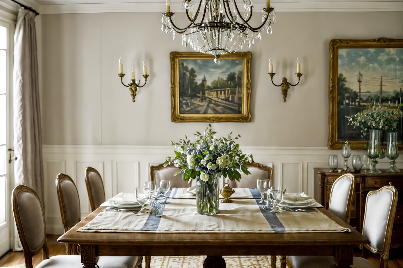 french country-style (dining room interior) with painting or photo on wall and plates, cutlery and glasses on dining table and light or chandelier and dining table chairs and plant and vase and table cloth and dining table. . with . . cinematic photo, highly detailed, cinematic lighting, ultra-detailed, ultrarealistic, photorealism, 8k. french country interior design style. masterpiece, cinematic light, ultrarealistic+, photorealistic+, 8k, raw photo, realistic, sharp focus on eyes, (symmetrical eyes), (intact eyes), hyperrealistic, highest quality, best quality, , highly detailed, masterpiece, best quality, extremely detailed 8k wallpaper, masterpiece, best quality, ultra-detailed, best shadow, detailed background, detailed face, detailed eyes, high contrast, best illumination, detailed face, dulux, caustic, dynamic angle, detailed glow. dramatic lighting. highly detailed, insanely detailed hair, symmetrical, intricate details, professionally retouched, 8k high definition. strong bokeh. award winning photo.