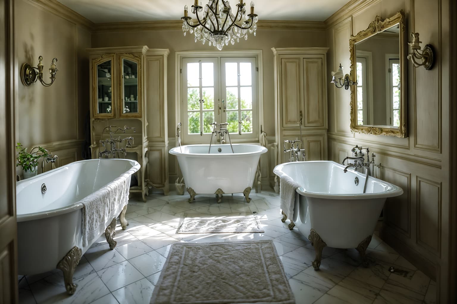 french country-style (bathroom interior) with waste basket and plant and bathroom sink with faucet and shower and bathtub and mirror and bath towel and bathroom cabinet. . with . . cinematic photo, highly detailed, cinematic lighting, ultra-detailed, ultrarealistic, photorealism, 8k. french country interior design style. masterpiece, cinematic light, ultrarealistic+, photorealistic+, 8k, raw photo, realistic, sharp focus on eyes, (symmetrical eyes), (intact eyes), hyperrealistic, highest quality, best quality, , highly detailed, masterpiece, best quality, extremely detailed 8k wallpaper, masterpiece, best quality, ultra-detailed, best shadow, detailed background, detailed face, detailed eyes, high contrast, best illumination, detailed face, dulux, caustic, dynamic angle, detailed glow. dramatic lighting. highly detailed, insanely detailed hair, symmetrical, intricate details, professionally retouched, 8k high definition. strong bokeh. award winning photo.