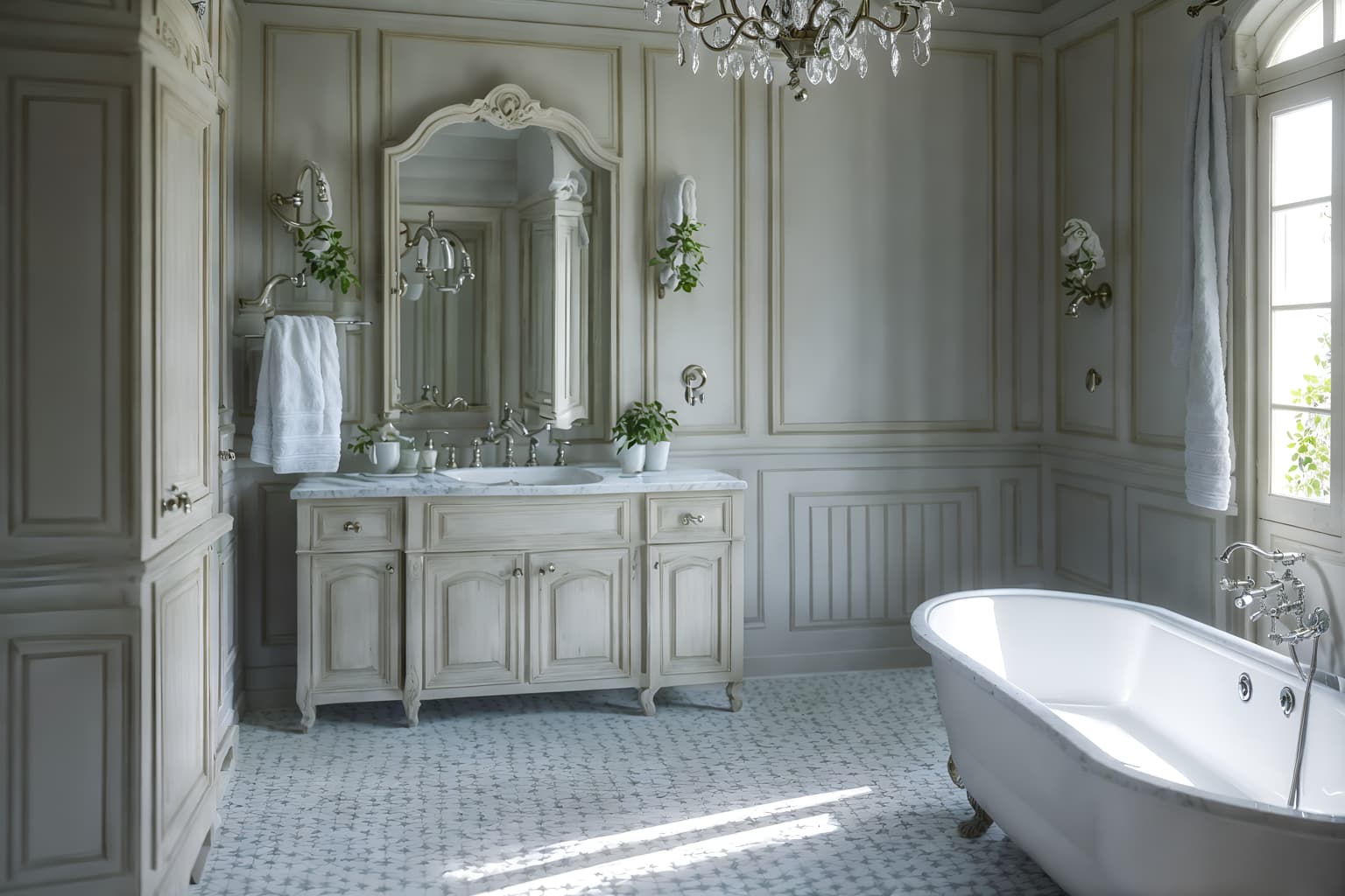 french country-style (bathroom interior) with waste basket and plant and bathroom sink with faucet and shower and bathtub and mirror and bath towel and bathroom cabinet. . with . . cinematic photo, highly detailed, cinematic lighting, ultra-detailed, ultrarealistic, photorealism, 8k. french country interior design style. masterpiece, cinematic light, ultrarealistic+, photorealistic+, 8k, raw photo, realistic, sharp focus on eyes, (symmetrical eyes), (intact eyes), hyperrealistic, highest quality, best quality, , highly detailed, masterpiece, best quality, extremely detailed 8k wallpaper, masterpiece, best quality, ultra-detailed, best shadow, detailed background, detailed face, detailed eyes, high contrast, best illumination, detailed face, dulux, caustic, dynamic angle, detailed glow. dramatic lighting. highly detailed, insanely detailed hair, symmetrical, intricate details, professionally retouched, 8k high definition. strong bokeh. award winning photo.