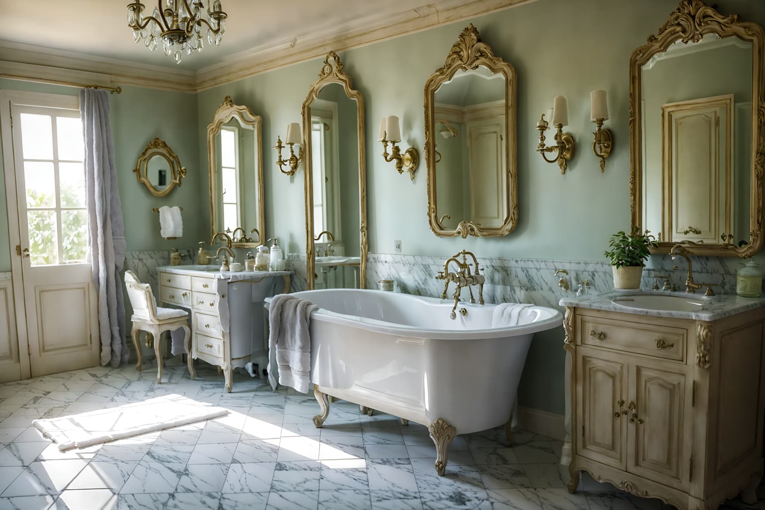 french country-style (bathroom interior) with waste basket and plant and bathroom sink with faucet and shower and bathtub and mirror and bath towel and bathroom cabinet. . with . . cinematic photo, highly detailed, cinematic lighting, ultra-detailed, ultrarealistic, photorealism, 8k. french country interior design style. masterpiece, cinematic light, ultrarealistic+, photorealistic+, 8k, raw photo, realistic, sharp focus on eyes, (symmetrical eyes), (intact eyes), hyperrealistic, highest quality, best quality, , highly detailed, masterpiece, best quality, extremely detailed 8k wallpaper, masterpiece, best quality, ultra-detailed, best shadow, detailed background, detailed face, detailed eyes, high contrast, best illumination, detailed face, dulux, caustic, dynamic angle, detailed glow. dramatic lighting. highly detailed, insanely detailed hair, symmetrical, intricate details, professionally retouched, 8k high definition. strong bokeh. award winning photo.