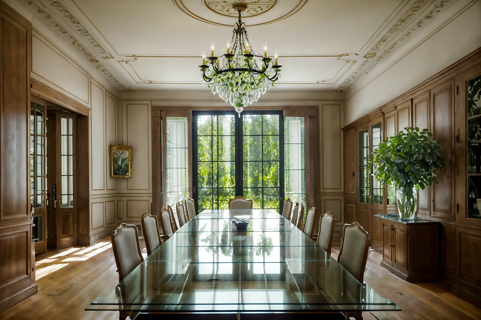 french country-style (meeting room interior) with glass walls and painting or photo on wall and plant and vase and office chairs and boardroom table and glass doors and cabinets. . with . . cinematic photo, highly detailed, cinematic lighting, ultra-detailed, ultrarealistic, photorealism, 8k. french country interior design style. masterpiece, cinematic light, ultrarealistic+, photorealistic+, 8k, raw photo, realistic, sharp focus on eyes, (symmetrical eyes), (intact eyes), hyperrealistic, highest quality, best quality, , highly detailed, masterpiece, best quality, extremely detailed 8k wallpaper, masterpiece, best quality, ultra-detailed, best shadow, detailed background, detailed face, detailed eyes, high contrast, best illumination, detailed face, dulux, caustic, dynamic angle, detailed glow. dramatic lighting. highly detailed, insanely detailed hair, symmetrical, intricate details, professionally retouched, 8k high definition. strong bokeh. award winning photo.