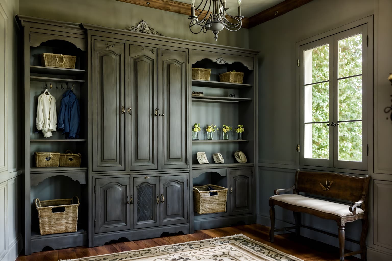 french country-style (drop zone interior) with cabinets and wall hooks for coats and shelves for shoes and storage baskets and cubbies and a bench and storage drawers and lockers. . with . . cinematic photo, highly detailed, cinematic lighting, ultra-detailed, ultrarealistic, photorealism, 8k. french country interior design style. masterpiece, cinematic light, ultrarealistic+, photorealistic+, 8k, raw photo, realistic, sharp focus on eyes, (symmetrical eyes), (intact eyes), hyperrealistic, highest quality, best quality, , highly detailed, masterpiece, best quality, extremely detailed 8k wallpaper, masterpiece, best quality, ultra-detailed, best shadow, detailed background, detailed face, detailed eyes, high contrast, best illumination, detailed face, dulux, caustic, dynamic angle, detailed glow. dramatic lighting. highly detailed, insanely detailed hair, symmetrical, intricate details, professionally retouched, 8k high definition. strong bokeh. award winning photo.