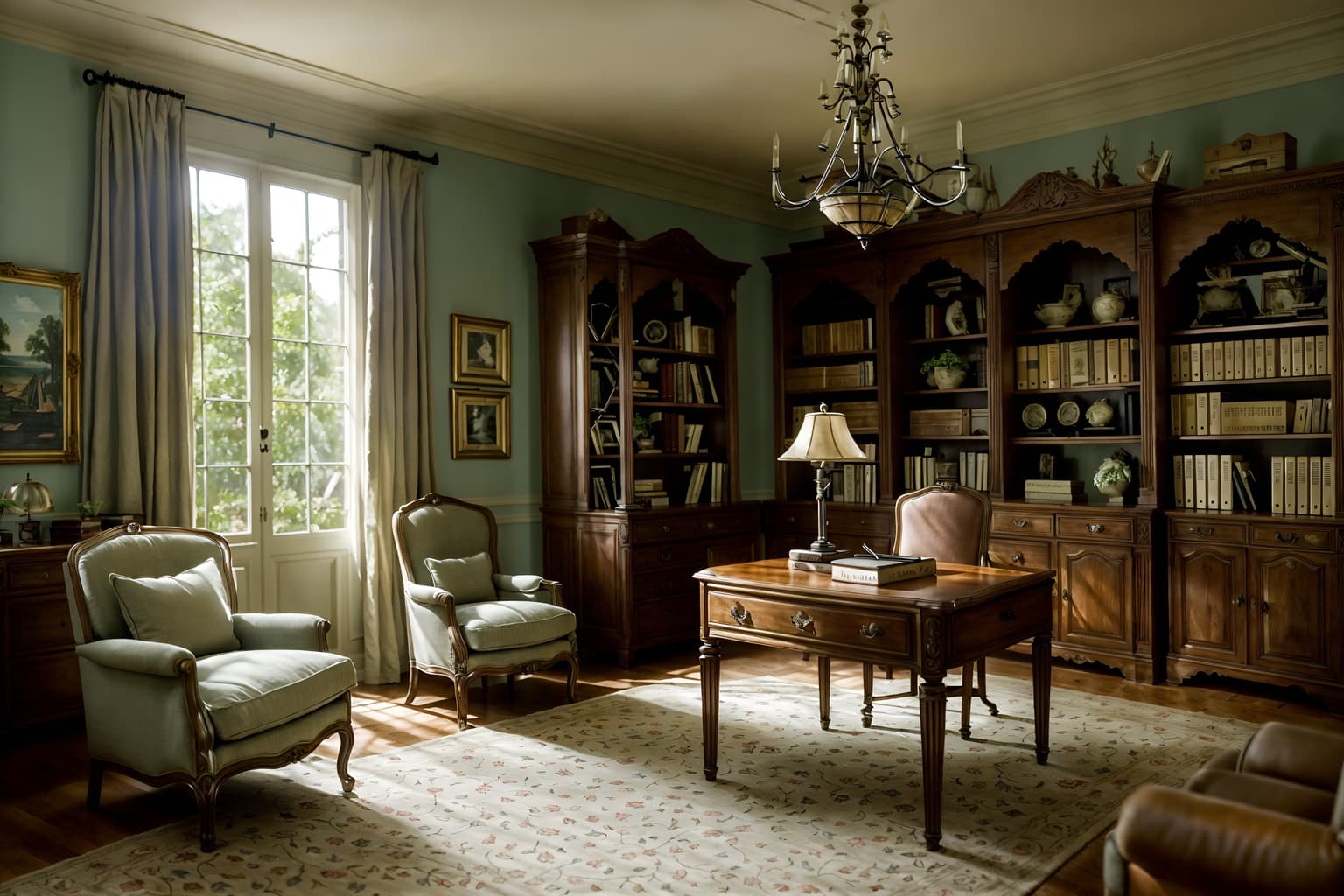 french country-style (study room interior) with office chair and plant and writing desk and cabinets and desk lamp and bookshelves and lounge chair and office chair. . with . . cinematic photo, highly detailed, cinematic lighting, ultra-detailed, ultrarealistic, photorealism, 8k. french country interior design style. masterpiece, cinematic light, ultrarealistic+, photorealistic+, 8k, raw photo, realistic, sharp focus on eyes, (symmetrical eyes), (intact eyes), hyperrealistic, highest quality, best quality, , highly detailed, masterpiece, best quality, extremely detailed 8k wallpaper, masterpiece, best quality, ultra-detailed, best shadow, detailed background, detailed face, detailed eyes, high contrast, best illumination, detailed face, dulux, caustic, dynamic angle, detailed glow. dramatic lighting. highly detailed, insanely detailed hair, symmetrical, intricate details, professionally retouched, 8k high definition. strong bokeh. award winning photo.