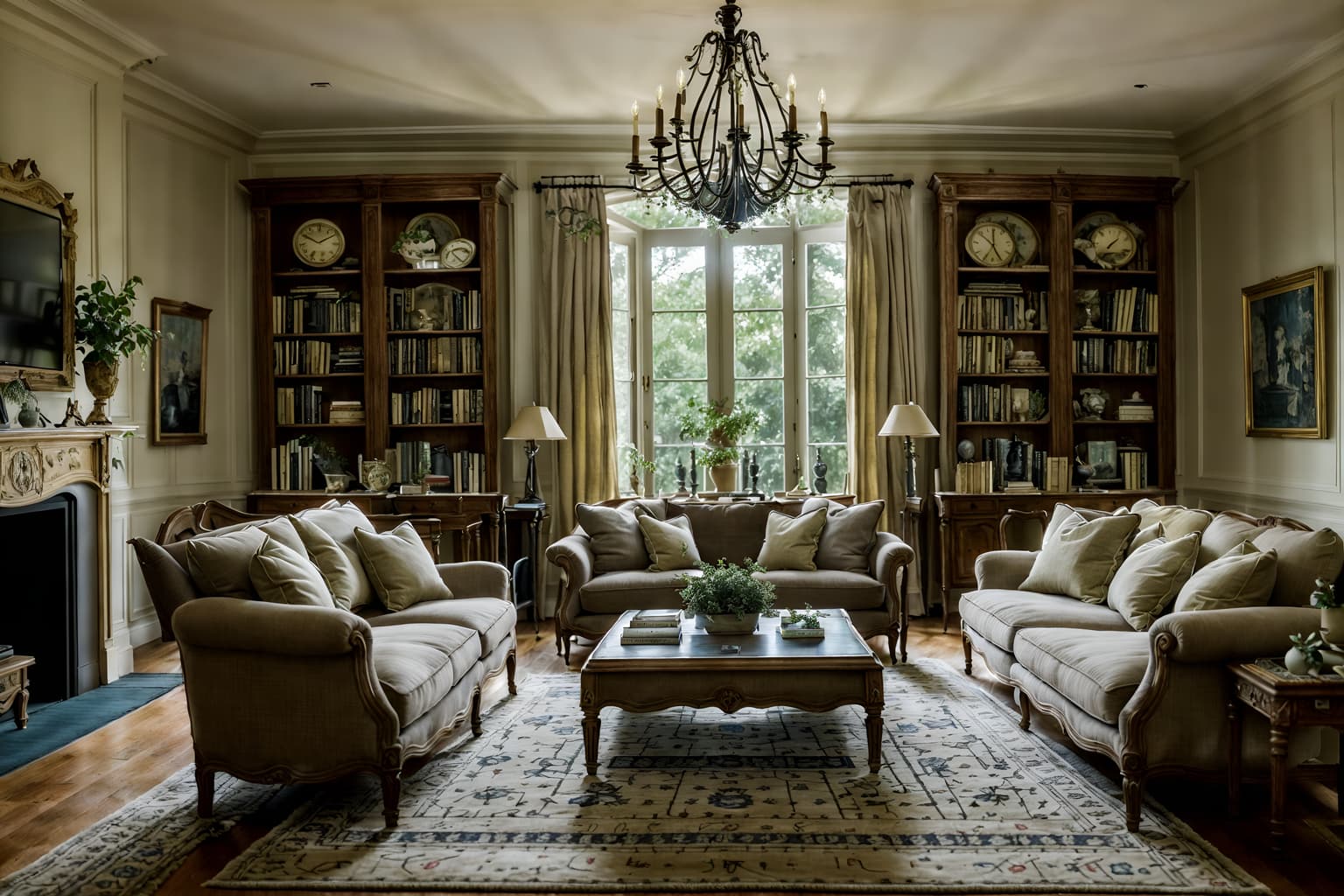 french country-style (living room interior) with occasional tables and plant and coffee tables and bookshelves and sofa and televisions and rug and chairs. . with . . cinematic photo, highly detailed, cinematic lighting, ultra-detailed, ultrarealistic, photorealism, 8k. french country interior design style. masterpiece, cinematic light, ultrarealistic+, photorealistic+, 8k, raw photo, realistic, sharp focus on eyes, (symmetrical eyes), (intact eyes), hyperrealistic, highest quality, best quality, , highly detailed, masterpiece, best quality, extremely detailed 8k wallpaper, masterpiece, best quality, ultra-detailed, best shadow, detailed background, detailed face, detailed eyes, high contrast, best illumination, detailed face, dulux, caustic, dynamic angle, detailed glow. dramatic lighting. highly detailed, insanely detailed hair, symmetrical, intricate details, professionally retouched, 8k high definition. strong bokeh. award winning photo.