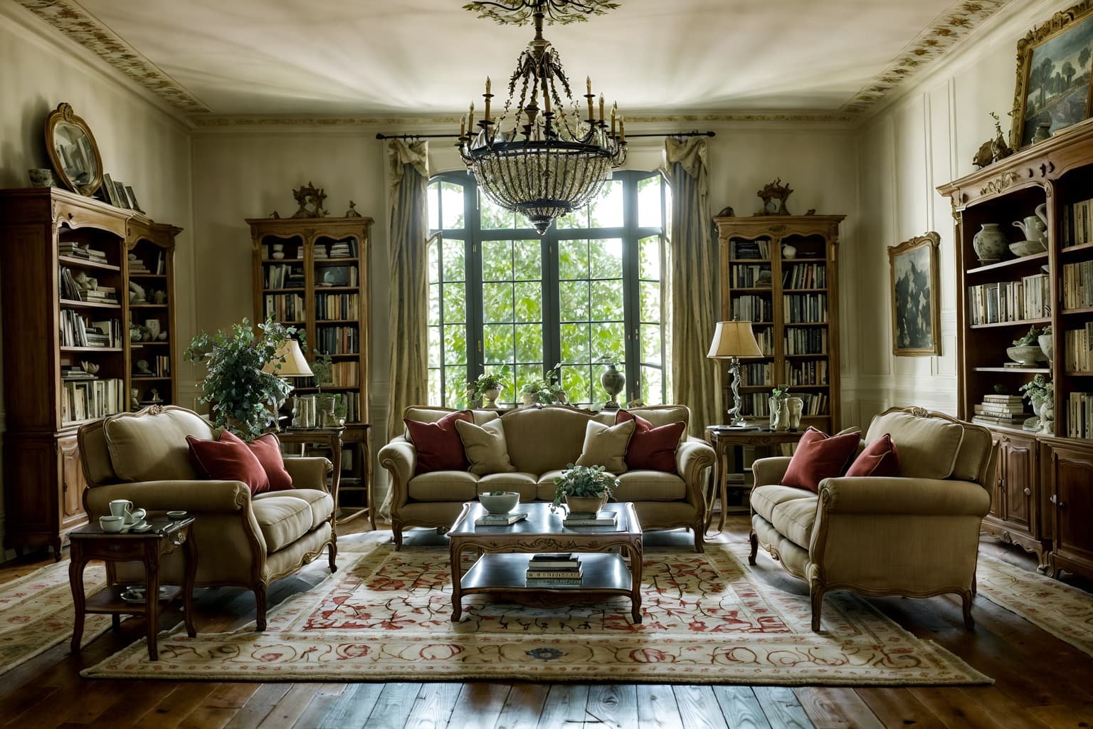 french country-style (living room interior) with occasional tables and plant and coffee tables and bookshelves and sofa and televisions and rug and chairs. . with . . cinematic photo, highly detailed, cinematic lighting, ultra-detailed, ultrarealistic, photorealism, 8k. french country interior design style. masterpiece, cinematic light, ultrarealistic+, photorealistic+, 8k, raw photo, realistic, sharp focus on eyes, (symmetrical eyes), (intact eyes), hyperrealistic, highest quality, best quality, , highly detailed, masterpiece, best quality, extremely detailed 8k wallpaper, masterpiece, best quality, ultra-detailed, best shadow, detailed background, detailed face, detailed eyes, high contrast, best illumination, detailed face, dulux, caustic, dynamic angle, detailed glow. dramatic lighting. highly detailed, insanely detailed hair, symmetrical, intricate details, professionally retouched, 8k high definition. strong bokeh. award winning photo.