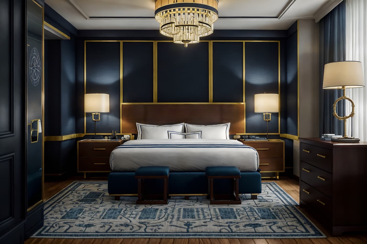 nautical-style (hotel room interior) with mirror and bed and storage bench or ottoman and bedside table or night stand and working desk with desk chair and night light and hotel bathroom and accent chair. . . cinematic photo, highly detailed, cinematic lighting, ultra-detailed, ultrarealistic, photorealism, 8k. nautical interior design style. masterpiece, cinematic light, ultrarealistic+, photorealistic+, 8k, raw photo, realistic, sharp focus on eyes, (symmetrical eyes), (intact eyes), hyperrealistic, highest quality, best quality, , highly detailed, masterpiece, best quality, extremely detailed 8k wallpaper, masterpiece, best quality, ultra-detailed, best shadow, detailed background, detailed face, detailed eyes, high contrast, best illumination, detailed face, dulux, caustic, dynamic angle, detailed glow. dramatic lighting. highly detailed, insanely detailed hair, symmetrical, intricate details, professionally retouched, 8k high definition. strong bokeh. award winning photo.