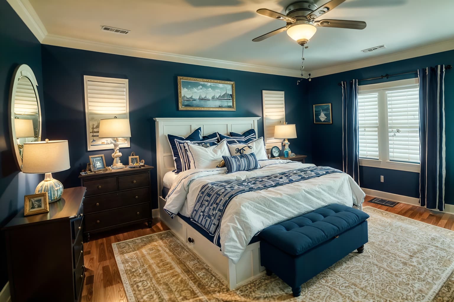 nautical-style (kids room interior) with bed and bedside table or night stand and accent chair and storage bench or ottoman and mirror and headboard and dresser closet and night light. . . cinematic photo, highly detailed, cinematic lighting, ultra-detailed, ultrarealistic, photorealism, 8k. nautical interior design style. masterpiece, cinematic light, ultrarealistic+, photorealistic+, 8k, raw photo, realistic, sharp focus on eyes, (symmetrical eyes), (intact eyes), hyperrealistic, highest quality, best quality, , highly detailed, masterpiece, best quality, extremely detailed 8k wallpaper, masterpiece, best quality, ultra-detailed, best shadow, detailed background, detailed face, detailed eyes, high contrast, best illumination, detailed face, dulux, caustic, dynamic angle, detailed glow. dramatic lighting. highly detailed, insanely detailed hair, symmetrical, intricate details, professionally retouched, 8k high definition. strong bokeh. award winning photo.
