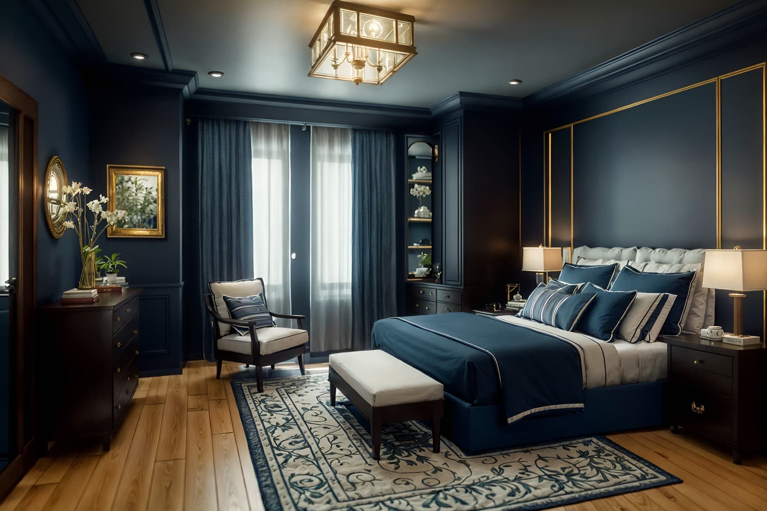 nautical-style (bedroom interior) with mirror and night light and accent chair and storage bench or ottoman and bedside table or night stand and bed and dresser closet and plant. . . cinematic photo, highly detailed, cinematic lighting, ultra-detailed, ultrarealistic, photorealism, 8k. nautical interior design style. masterpiece, cinematic light, ultrarealistic+, photorealistic+, 8k, raw photo, realistic, sharp focus on eyes, (symmetrical eyes), (intact eyes), hyperrealistic, highest quality, best quality, , highly detailed, masterpiece, best quality, extremely detailed 8k wallpaper, masterpiece, best quality, ultra-detailed, best shadow, detailed background, detailed face, detailed eyes, high contrast, best illumination, detailed face, dulux, caustic, dynamic angle, detailed glow. dramatic lighting. highly detailed, insanely detailed hair, symmetrical, intricate details, professionally retouched, 8k high definition. strong bokeh. award winning photo.