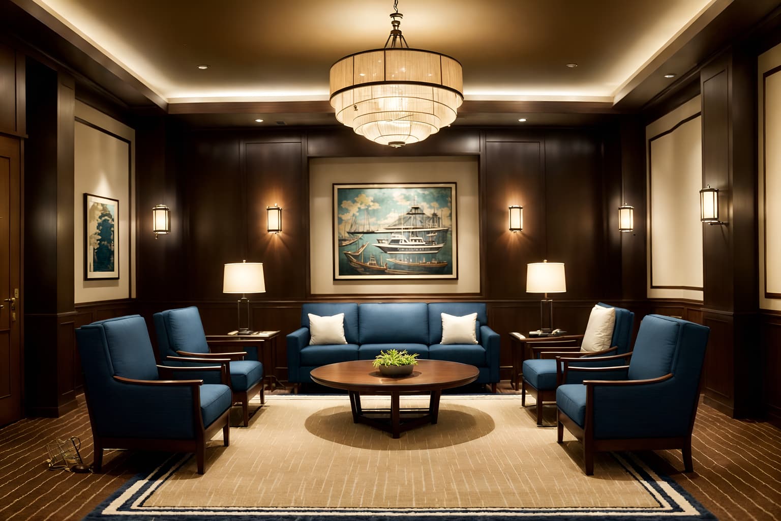 nautical-style (hotel lobby interior) with lounge chairs and sofas and hanging lamps and check in desk and plant and rug and coffee tables and furniture. . . cinematic photo, highly detailed, cinematic lighting, ultra-detailed, ultrarealistic, photorealism, 8k. nautical interior design style. masterpiece, cinematic light, ultrarealistic+, photorealistic+, 8k, raw photo, realistic, sharp focus on eyes, (symmetrical eyes), (intact eyes), hyperrealistic, highest quality, best quality, , highly detailed, masterpiece, best quality, extremely detailed 8k wallpaper, masterpiece, best quality, ultra-detailed, best shadow, detailed background, detailed face, detailed eyes, high contrast, best illumination, detailed face, dulux, caustic, dynamic angle, detailed glow. dramatic lighting. highly detailed, insanely detailed hair, symmetrical, intricate details, professionally retouched, 8k high definition. strong bokeh. award winning photo.