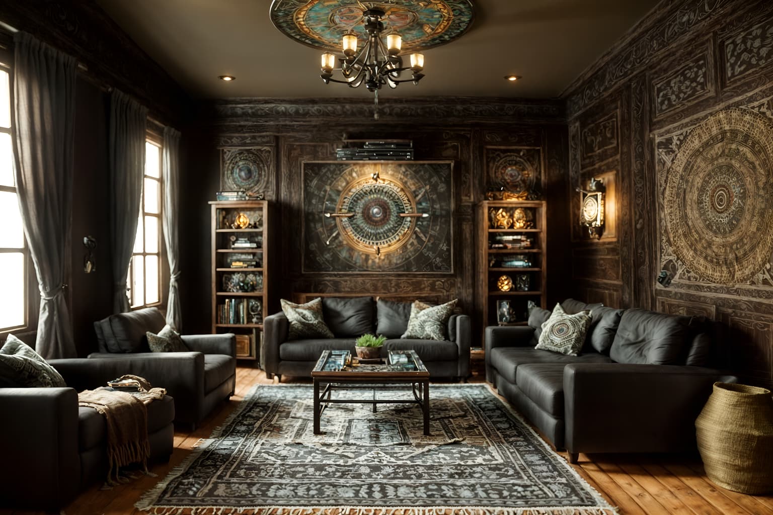 boho-chic-style (gaming room interior) . . cinematic photo, highly detailed, cinematic lighting, ultra-detailed, ultrarealistic, photorealism, 8k. boho-chic interior design style. masterpiece, cinematic light, ultrarealistic+, photorealistic+, 8k, raw photo, realistic, sharp focus on eyes, (symmetrical eyes), (intact eyes), hyperrealistic, highest quality, best quality, , highly detailed, masterpiece, best quality, extremely detailed 8k wallpaper, masterpiece, best quality, ultra-detailed, best shadow, detailed background, detailed face, detailed eyes, high contrast, best illumination, detailed face, dulux, caustic, dynamic angle, detailed glow. dramatic lighting. highly detailed, insanely detailed hair, symmetrical, intricate details, professionally retouched, 8k high definition. strong bokeh. award winning photo.