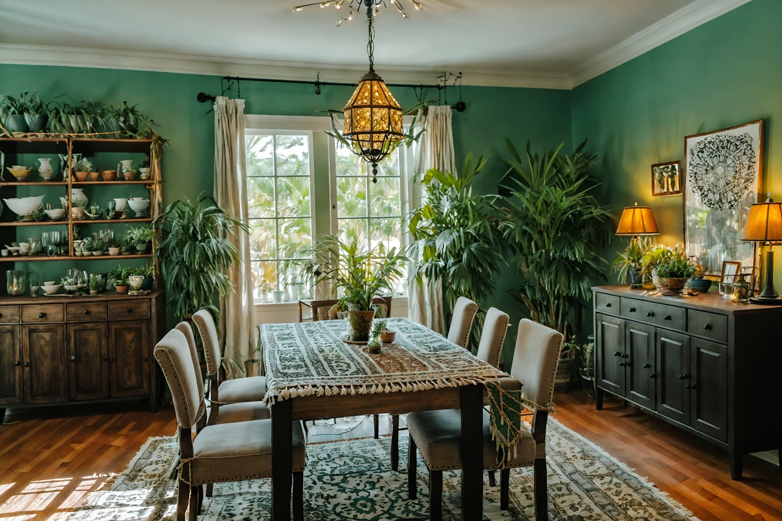 boho-chic-style (dining room interior) with dining table and plant and dining table chairs and painting or photo on wall and bookshelves and plates, cutlery and glasses on dining table and light or chandelier and table cloth. . . cinematic photo, highly detailed, cinematic lighting, ultra-detailed, ultrarealistic, photorealism, 8k. boho-chic interior design style. masterpiece, cinematic light, ultrarealistic+, photorealistic+, 8k, raw photo, realistic, sharp focus on eyes, (symmetrical eyes), (intact eyes), hyperrealistic, highest quality, best quality, , highly detailed, masterpiece, best quality, extremely detailed 8k wallpaper, masterpiece, best quality, ultra-detailed, best shadow, detailed background, detailed face, detailed eyes, high contrast, best illumination, detailed face, dulux, caustic, dynamic angle, detailed glow. dramatic lighting. highly detailed, insanely detailed hair, symmetrical, intricate details, professionally retouched, 8k high definition. strong bokeh. award winning photo.