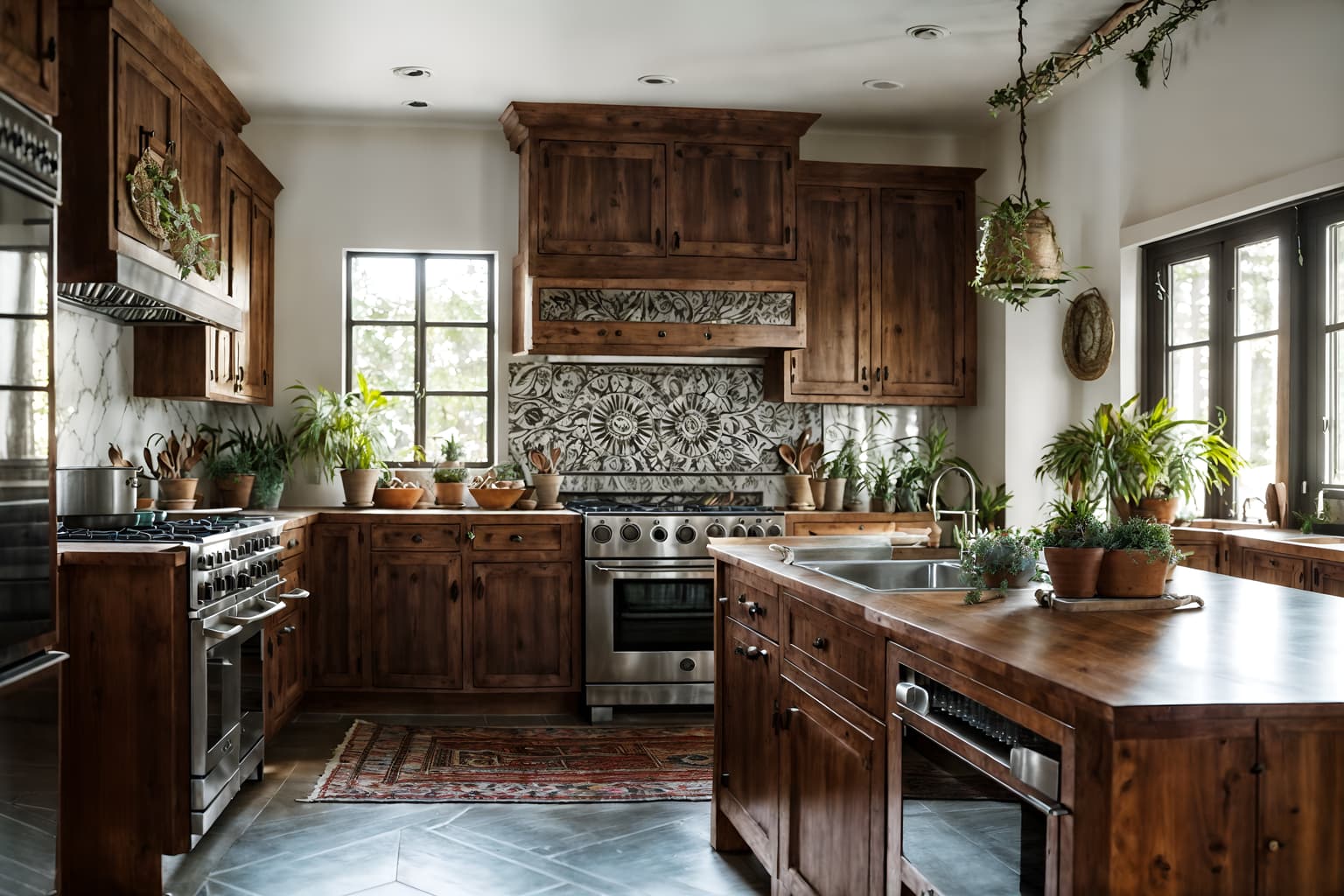 boho-chic-style (kitchen interior) with worktops and stove and kitchen cabinets and plant and sink and refrigerator and worktops. . . cinematic photo, highly detailed, cinematic lighting, ultra-detailed, ultrarealistic, photorealism, 8k. boho-chic interior design style. masterpiece, cinematic light, ultrarealistic+, photorealistic+, 8k, raw photo, realistic, sharp focus on eyes, (symmetrical eyes), (intact eyes), hyperrealistic, highest quality, best quality, , highly detailed, masterpiece, best quality, extremely detailed 8k wallpaper, masterpiece, best quality, ultra-detailed, best shadow, detailed background, detailed face, detailed eyes, high contrast, best illumination, detailed face, dulux, caustic, dynamic angle, detailed glow. dramatic lighting. highly detailed, insanely detailed hair, symmetrical, intricate details, professionally retouched, 8k high definition. strong bokeh. award winning photo.