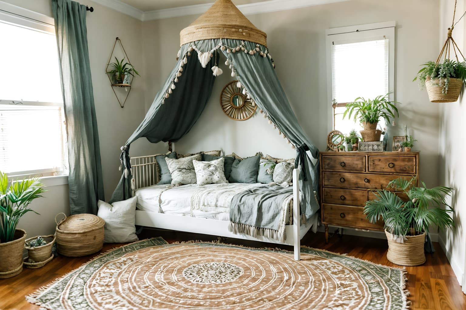 boho-chic-style (kids room interior) with plant and bed and headboard and dresser closet and storage bench or ottoman and night light and mirror and accent chair. . . cinematic photo, highly detailed, cinematic lighting, ultra-detailed, ultrarealistic, photorealism, 8k. boho-chic interior design style. masterpiece, cinematic light, ultrarealistic+, photorealistic+, 8k, raw photo, realistic, sharp focus on eyes, (symmetrical eyes), (intact eyes), hyperrealistic, highest quality, best quality, , highly detailed, masterpiece, best quality, extremely detailed 8k wallpaper, masterpiece, best quality, ultra-detailed, best shadow, detailed background, detailed face, detailed eyes, high contrast, best illumination, detailed face, dulux, caustic, dynamic angle, detailed glow. dramatic lighting. highly detailed, insanely detailed hair, symmetrical, intricate details, professionally retouched, 8k high definition. strong bokeh. award winning photo.