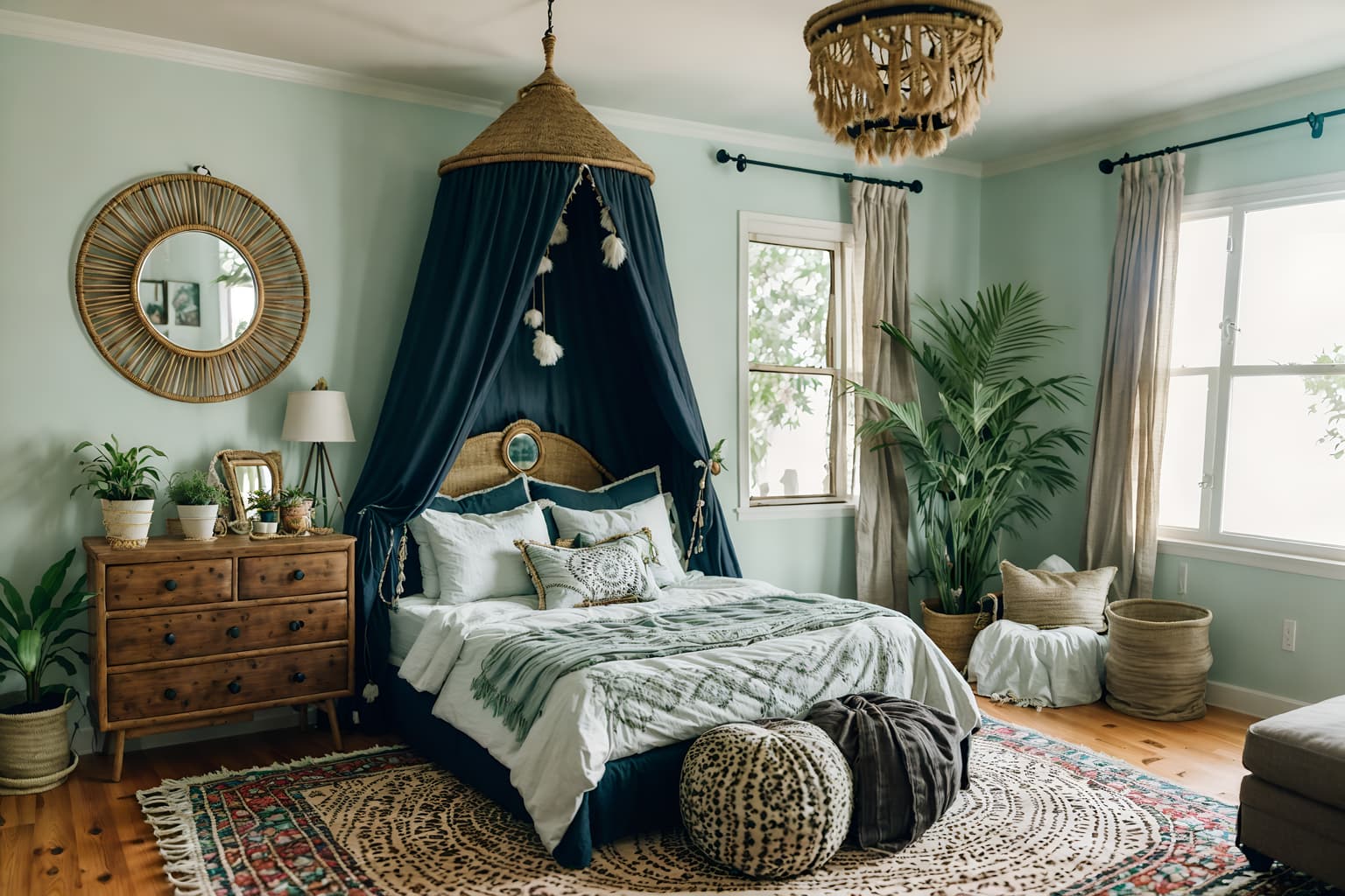 boho-chic-style (kids room interior) with plant and bed and headboard and dresser closet and storage bench or ottoman and night light and mirror and accent chair. . . cinematic photo, highly detailed, cinematic lighting, ultra-detailed, ultrarealistic, photorealism, 8k. boho-chic interior design style. masterpiece, cinematic light, ultrarealistic+, photorealistic+, 8k, raw photo, realistic, sharp focus on eyes, (symmetrical eyes), (intact eyes), hyperrealistic, highest quality, best quality, , highly detailed, masterpiece, best quality, extremely detailed 8k wallpaper, masterpiece, best quality, ultra-detailed, best shadow, detailed background, detailed face, detailed eyes, high contrast, best illumination, detailed face, dulux, caustic, dynamic angle, detailed glow. dramatic lighting. highly detailed, insanely detailed hair, symmetrical, intricate details, professionally retouched, 8k high definition. strong bokeh. award winning photo.