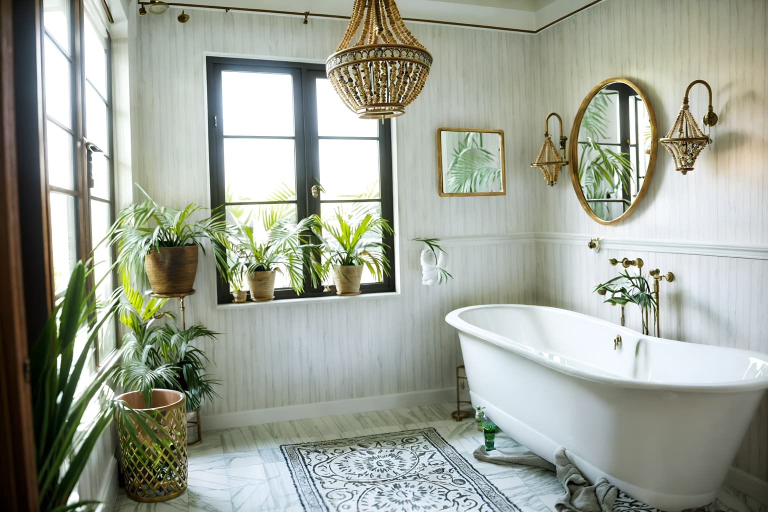 boho-chic-style (hotel bathroom interior) with shower and bathroom cabinet and bath towel and bathtub and mirror and bath rail and plant and toilet seat. . . cinematic photo, highly detailed, cinematic lighting, ultra-detailed, ultrarealistic, photorealism, 8k. boho-chic interior design style. masterpiece, cinematic light, ultrarealistic+, photorealistic+, 8k, raw photo, realistic, sharp focus on eyes, (symmetrical eyes), (intact eyes), hyperrealistic, highest quality, best quality, , highly detailed, masterpiece, best quality, extremely detailed 8k wallpaper, masterpiece, best quality, ultra-detailed, best shadow, detailed background, detailed face, detailed eyes, high contrast, best illumination, detailed face, dulux, caustic, dynamic angle, detailed glow. dramatic lighting. highly detailed, insanely detailed hair, symmetrical, intricate details, professionally retouched, 8k high definition. strong bokeh. award winning photo.