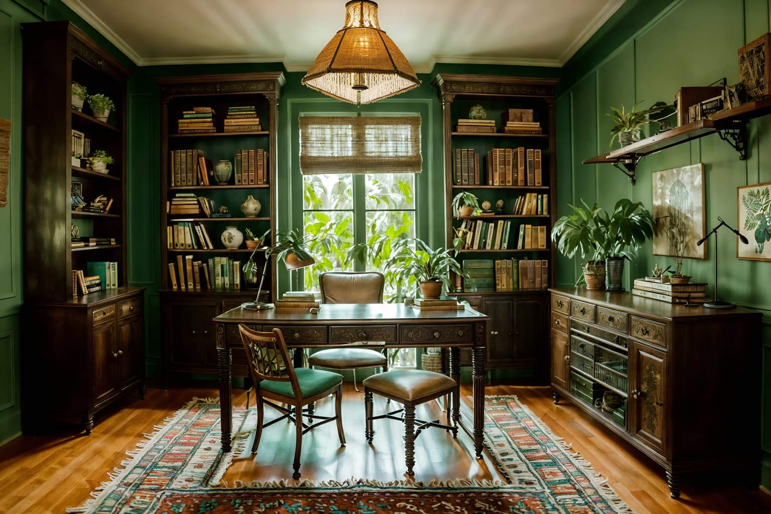 boho-chic-style (study room interior) with writing desk and cabinets and desk lamp and plant and bookshelves and lounge chair and office chair and writing desk. . . cinematic photo, highly detailed, cinematic lighting, ultra-detailed, ultrarealistic, photorealism, 8k. boho-chic interior design style. masterpiece, cinematic light, ultrarealistic+, photorealistic+, 8k, raw photo, realistic, sharp focus on eyes, (symmetrical eyes), (intact eyes), hyperrealistic, highest quality, best quality, , highly detailed, masterpiece, best quality, extremely detailed 8k wallpaper, masterpiece, best quality, ultra-detailed, best shadow, detailed background, detailed face, detailed eyes, high contrast, best illumination, detailed face, dulux, caustic, dynamic angle, detailed glow. dramatic lighting. highly detailed, insanely detailed hair, symmetrical, intricate details, professionally retouched, 8k high definition. strong bokeh. award winning photo.