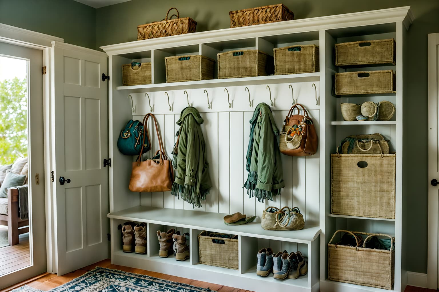 boho-chic-style (mudroom interior) with wall hooks for coats and cubbies and cabinets and a bench and storage baskets and high up storage and shelves for shoes and storage drawers. . . cinematic photo, highly detailed, cinematic lighting, ultra-detailed, ultrarealistic, photorealism, 8k. boho-chic interior design style. masterpiece, cinematic light, ultrarealistic+, photorealistic+, 8k, raw photo, realistic, sharp focus on eyes, (symmetrical eyes), (intact eyes), hyperrealistic, highest quality, best quality, , highly detailed, masterpiece, best quality, extremely detailed 8k wallpaper, masterpiece, best quality, ultra-detailed, best shadow, detailed background, detailed face, detailed eyes, high contrast, best illumination, detailed face, dulux, caustic, dynamic angle, detailed glow. dramatic lighting. highly detailed, insanely detailed hair, symmetrical, intricate details, professionally retouched, 8k high definition. strong bokeh. award winning photo.