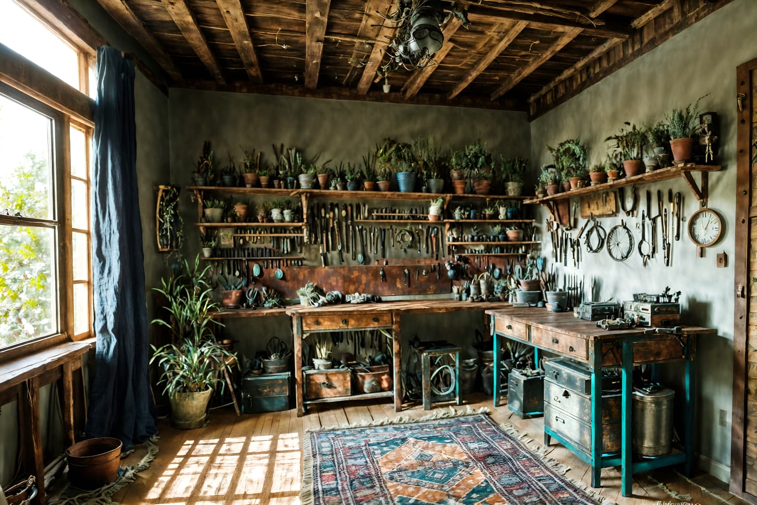 boho-chic-style (workshop interior) with tool wall and messy and wooden workbench and tool wall. . . cinematic photo, highly detailed, cinematic lighting, ultra-detailed, ultrarealistic, photorealism, 8k. boho-chic interior design style. masterpiece, cinematic light, ultrarealistic+, photorealistic+, 8k, raw photo, realistic, sharp focus on eyes, (symmetrical eyes), (intact eyes), hyperrealistic, highest quality, best quality, , highly detailed, masterpiece, best quality, extremely detailed 8k wallpaper, masterpiece, best quality, ultra-detailed, best shadow, detailed background, detailed face, detailed eyes, high contrast, best illumination, detailed face, dulux, caustic, dynamic angle, detailed glow. dramatic lighting. highly detailed, insanely detailed hair, symmetrical, intricate details, professionally retouched, 8k high definition. strong bokeh. award winning photo.