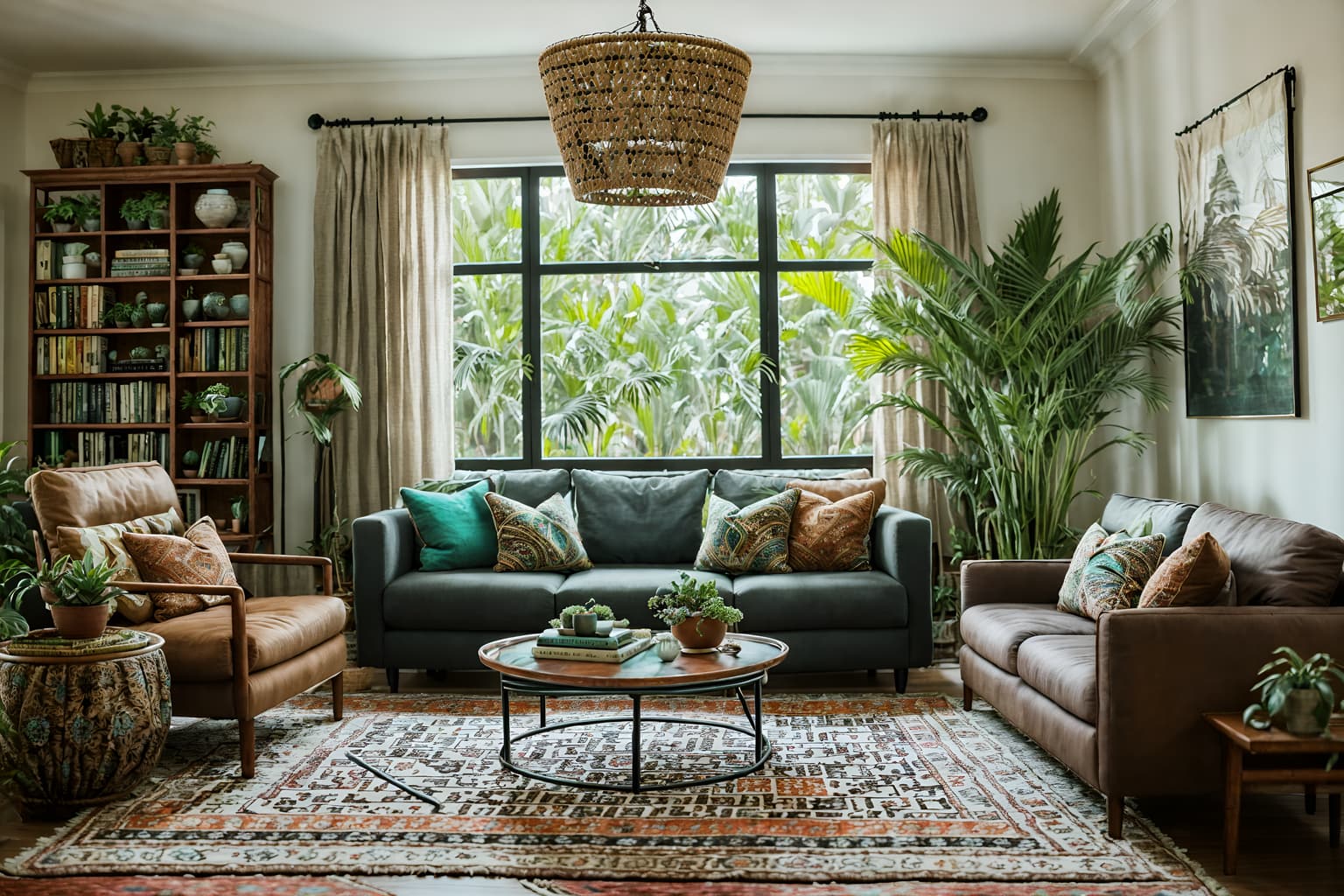 boho-chic-style (living room interior) with coffee tables and sofa and occasional tables and furniture and rug and bookshelves and plant and chairs. . . cinematic photo, highly detailed, cinematic lighting, ultra-detailed, ultrarealistic, photorealism, 8k. boho-chic interior design style. masterpiece, cinematic light, ultrarealistic+, photorealistic+, 8k, raw photo, realistic, sharp focus on eyes, (symmetrical eyes), (intact eyes), hyperrealistic, highest quality, best quality, , highly detailed, masterpiece, best quality, extremely detailed 8k wallpaper, masterpiece, best quality, ultra-detailed, best shadow, detailed background, detailed face, detailed eyes, high contrast, best illumination, detailed face, dulux, caustic, dynamic angle, detailed glow. dramatic lighting. highly detailed, insanely detailed hair, symmetrical, intricate details, professionally retouched, 8k high definition. strong bokeh. award winning photo.